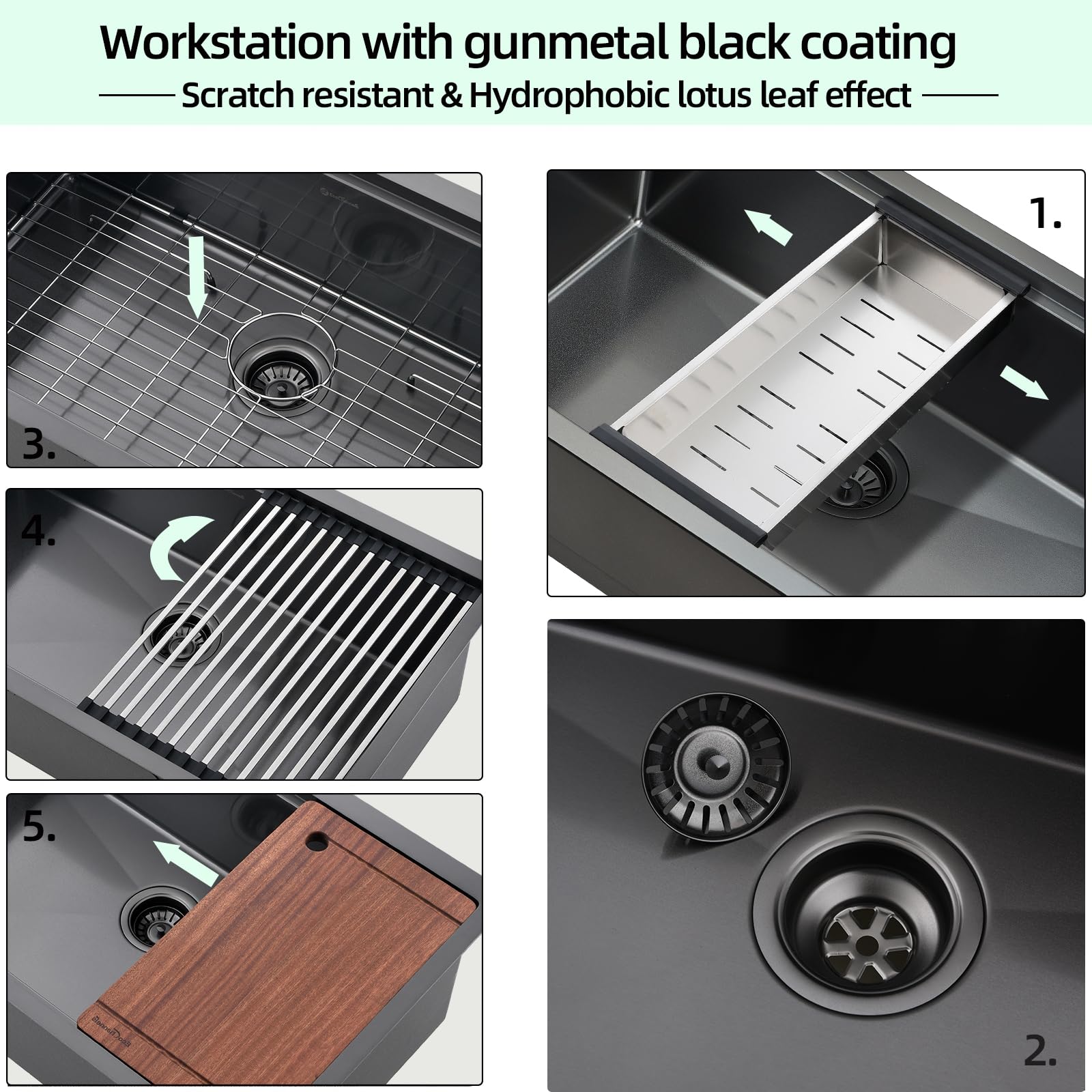 33 x 19 x 10 Inch Undermount Kitchen Sink - 16 Gauge Stainless Steel Single Bowl Workstation Sink with Cutting Board in Gunmetal Black | Perfect for Modern Kitchens, Food Prep & Dishwashing