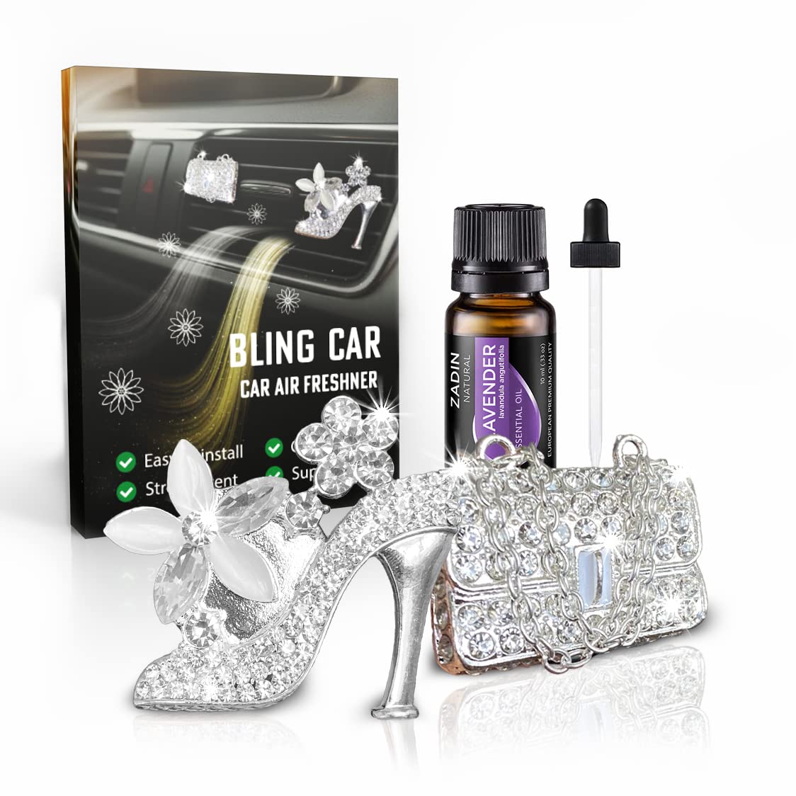 Zadin 2-Pack Rhinestone Car Vent Clips - Sparkling Diamond Car Accessories for Women | Elegant Bling Car Decor for Daily Commute, Road Trips & Gifts