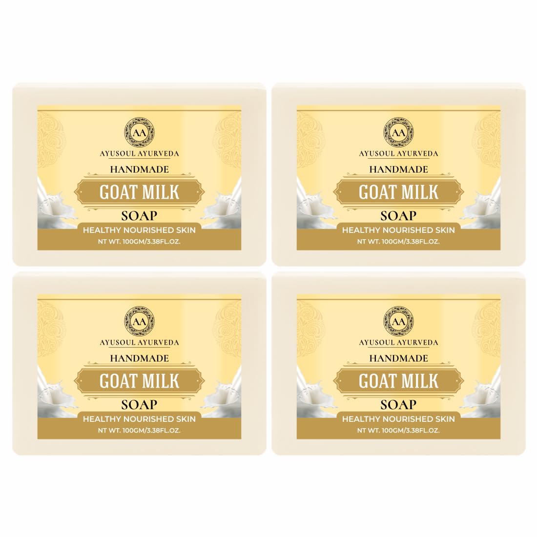 **Ayusoul Ayurveda 100% Organic Handmade Herbal Goat Milk Soap with Essential Oils | pH Balancing, Exfoliating & Hydrating | Sulfate & Paraben Free | For Men & Women - Pack of 4 (4x100g) | Perfect for Sensitive Skin, Daily Cleansing & Aromatherapy**