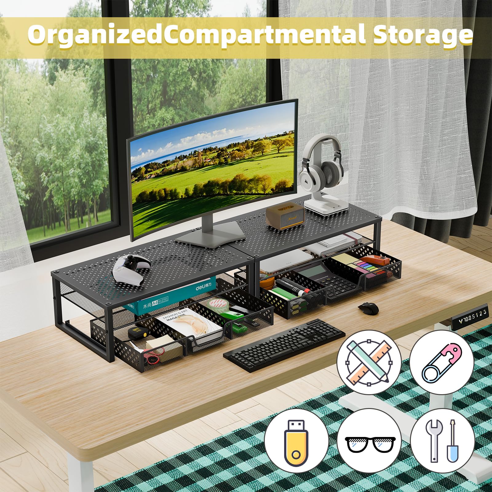 Black Metal Monitor Stand Riser with Storage Drawer - Ergonomic Desk Organizer for Laptop, Computer & iMac - Perfect for Home Office & Workspace Organization