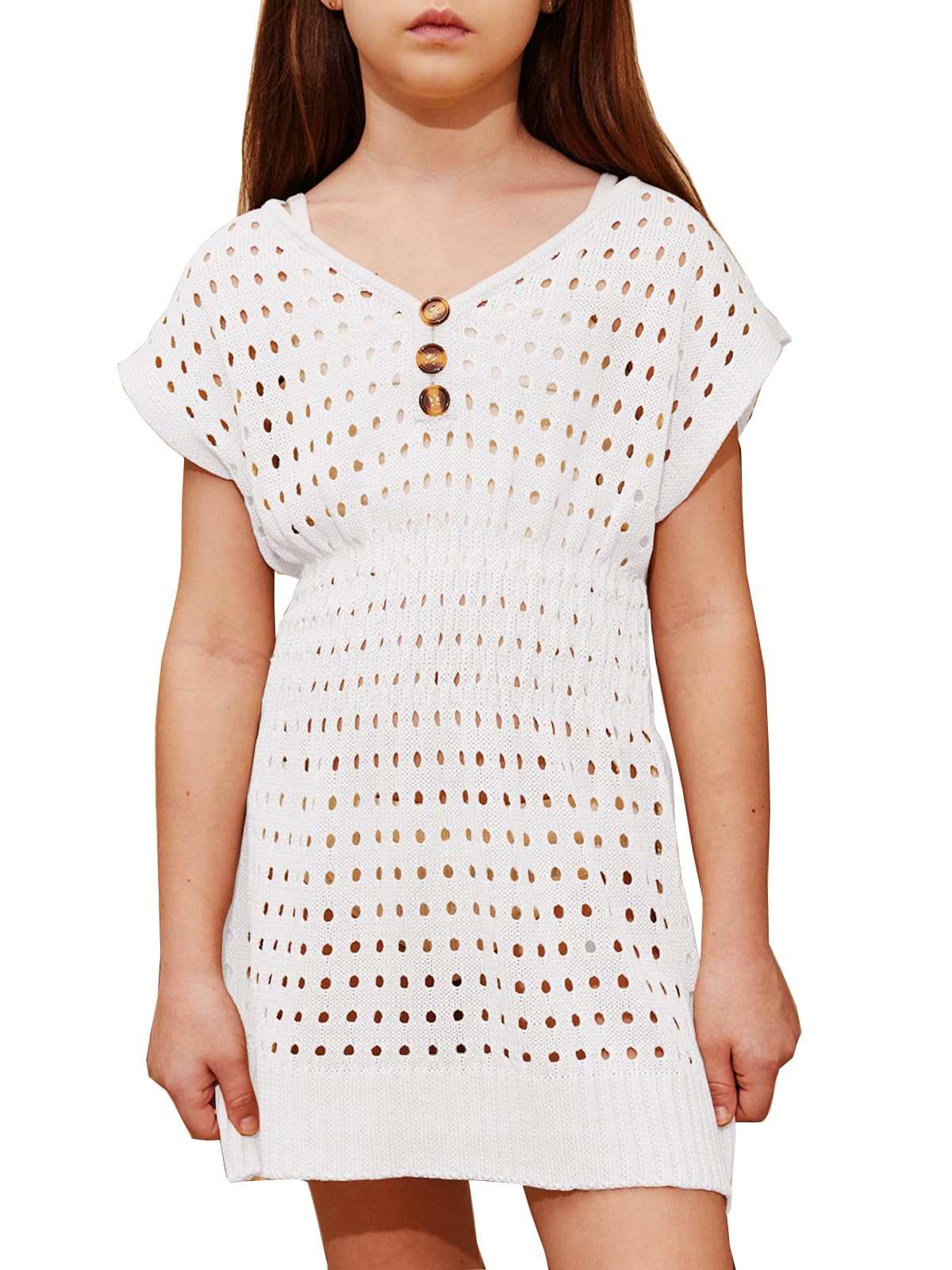 Crochet Beach Cover Up Dress for Girls 5-14 Years - Summer Swimwear with Button Front & Elastic Waist - Perfect for Poolside, Beach Vacations, and Resort Wear