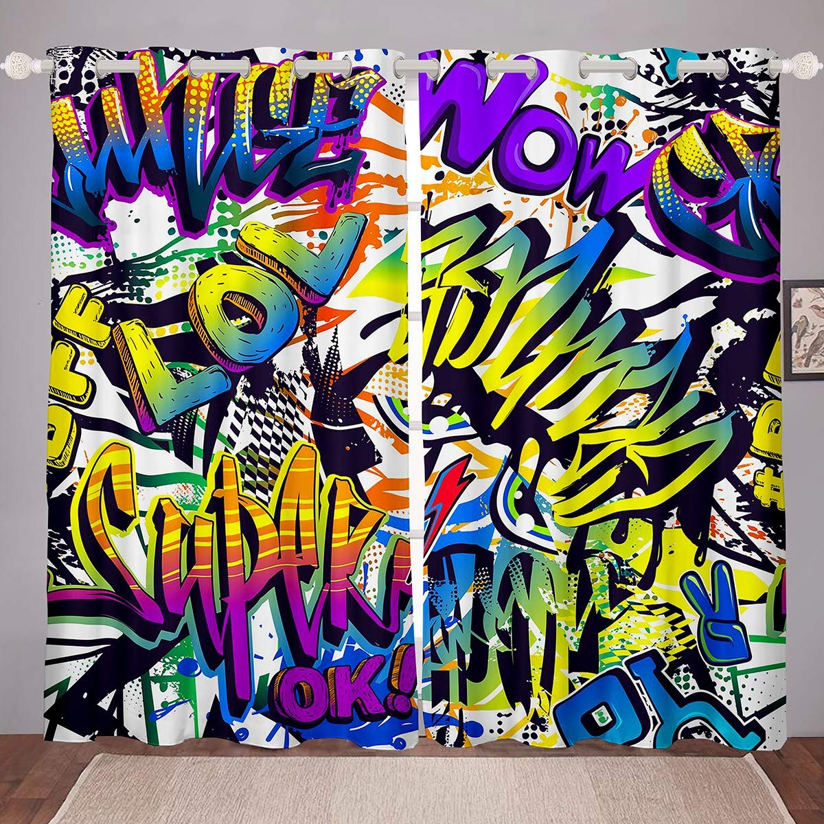 Hip Hop Graffiti Window Curtains for Bedroom - 2 Panels 38x54 Inch Hippie Street Culture Drapes, Urban Art Window Treatments for Young Men | Perfect for Teen Room, Dorm & Urban Style Home Decor