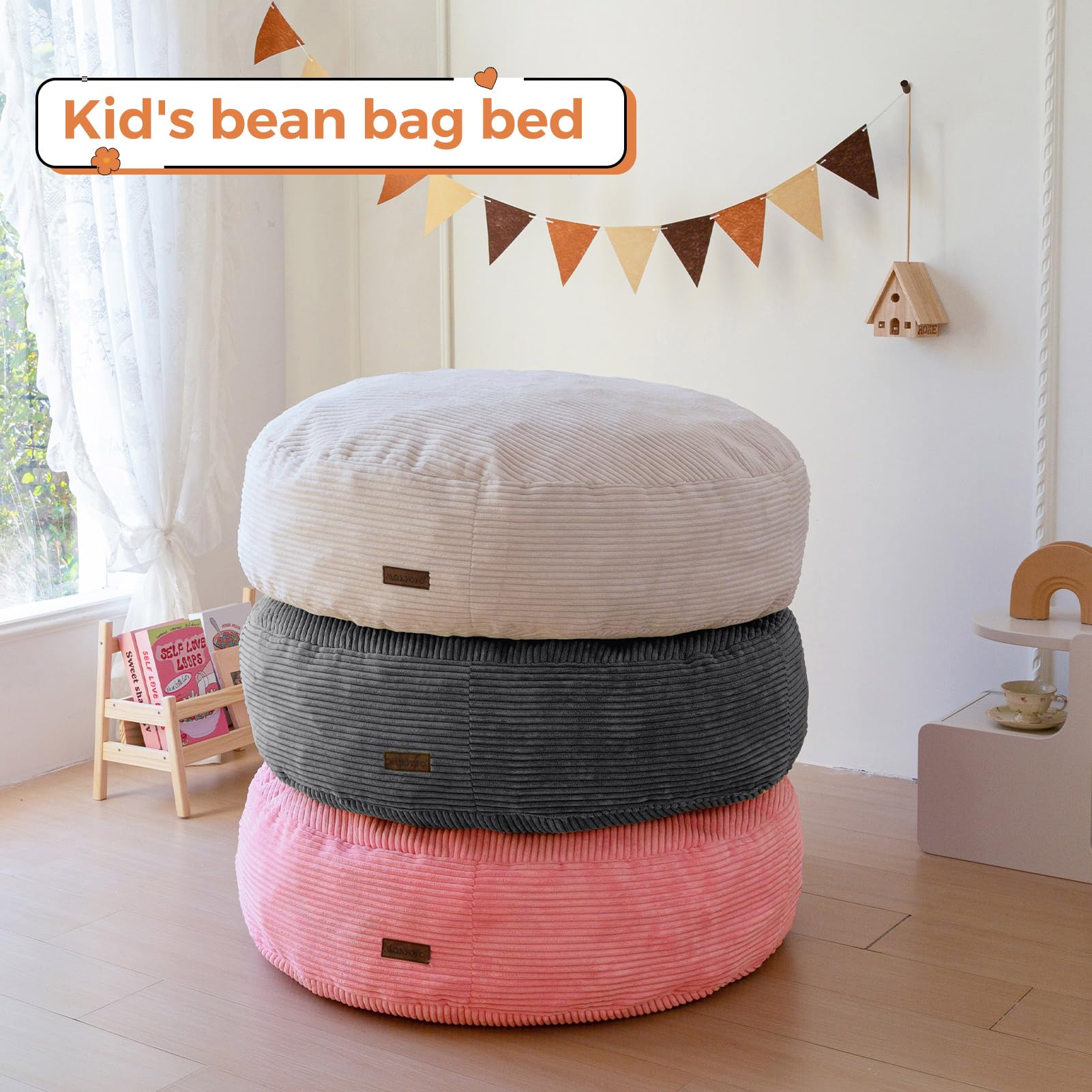 MAXYOYO 3-in-1 Convertible Kids Bean Bag Chair & Bed - Corduroy Round Floor Sofa for Children's Room, Gaming & Reading - Dark Grey - Perfect for Playrooms, Bedrooms & Dorm Rooms