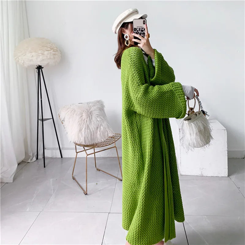 FIGOHR Women's Plus Size Long Knitted Cardigan - Thick Loose Plain Sweater for Autumn Winter | Cozy Streetwear Coat for Casual Outings & Office Wear