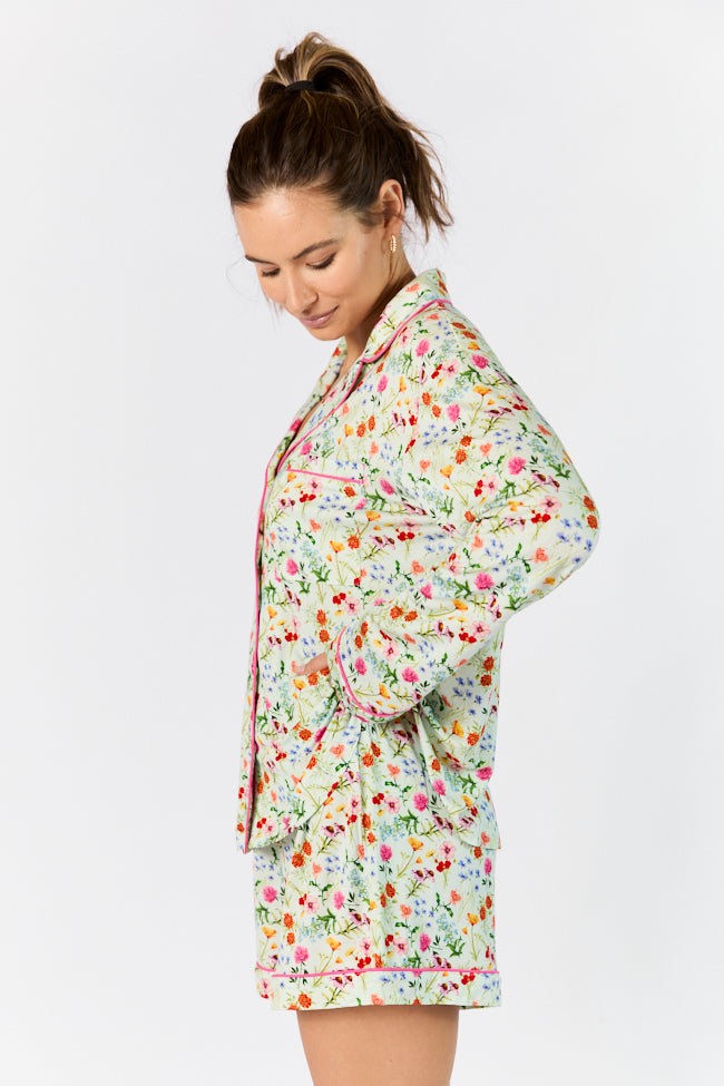 Botanical Floral Print Long Sleeve Pajama Top for Women - Comfortable Sleepwear & Loungewear - Perfect for Relaxing at Home, Spa Days, and Cozy Nights