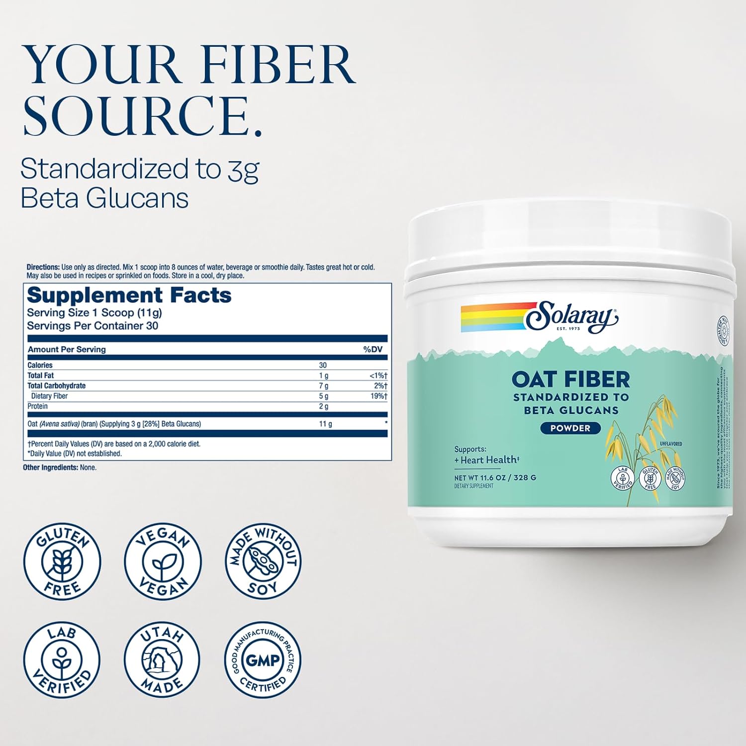 Organic Oat Fiber Powder by Solaray | Gluten-Free, High in Soluble Fiber | Perfect for Baking, Smoothies & Digestive Health