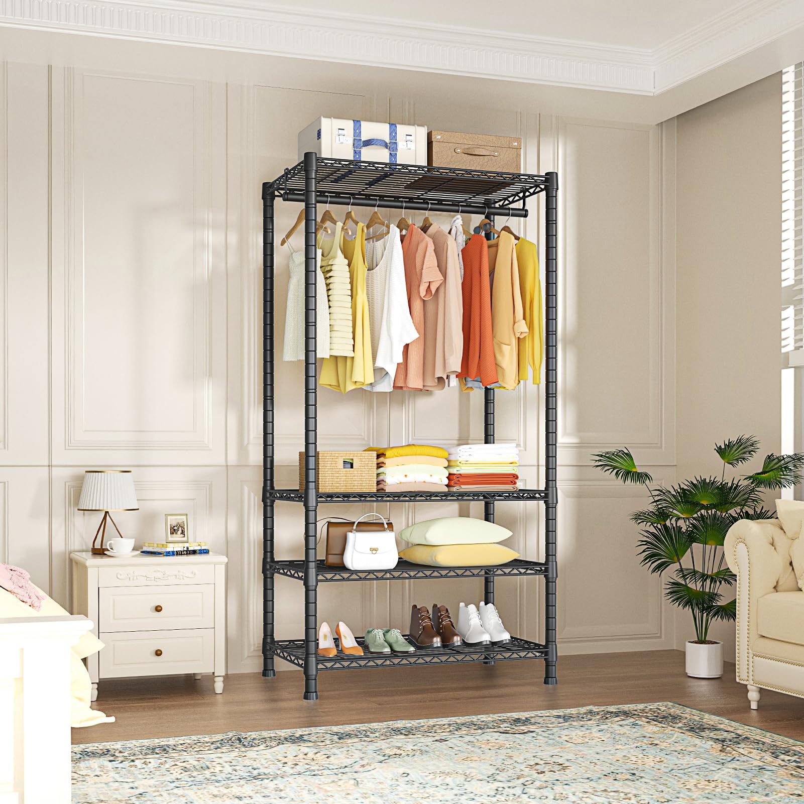 Heavy Duty 4-Tier Freestanding Clothes Rack with Shelves - 500LB Capacity Metal Garment Organizer for Closet Storage & Wardrobe System - Perfect for Bedroom, Laundry Room or Commercial Use - Black