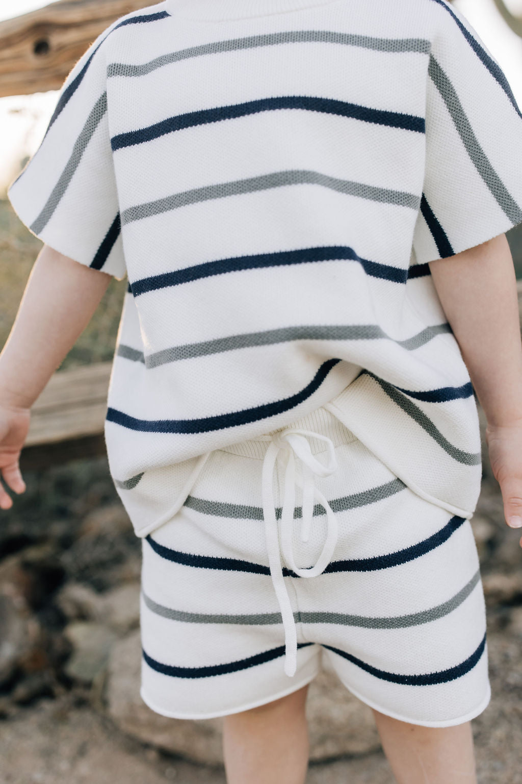 Sage and Navy Striped Knit Short Sleeve Top and Shorts Set - Casual Summer Outfit for Women, Perfect for Beach, Vacation, and Lounge Wear