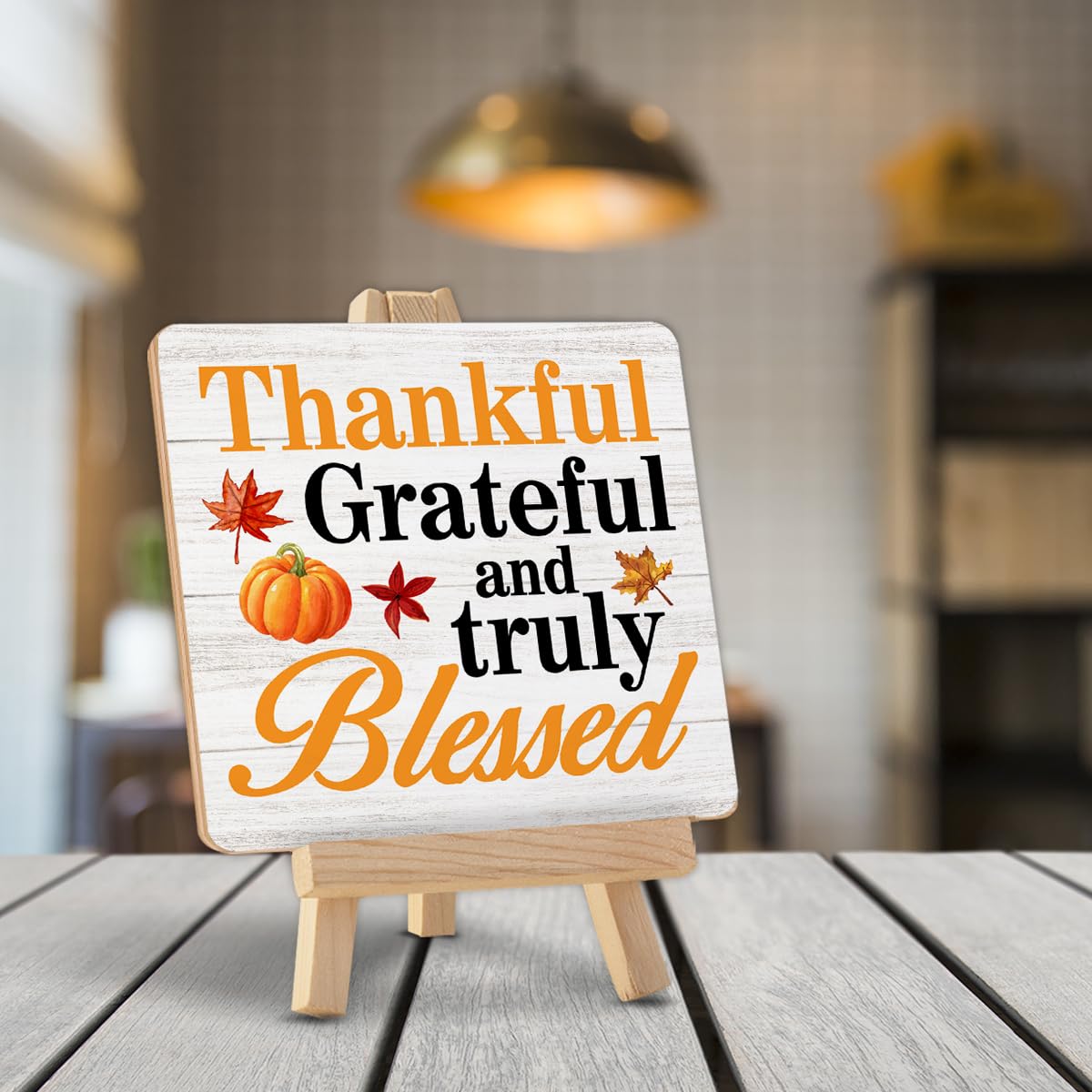 Thanksgiving Wood Sign - Thankful Grateful Blessed Home Decor with Easel Stand | Fall & Thanksgiving Table Decorations for Desk, Shelf, Tiered Tray | Perfect for Holiday Centerpieces, Mantel Decor & Seasonal Home Styling