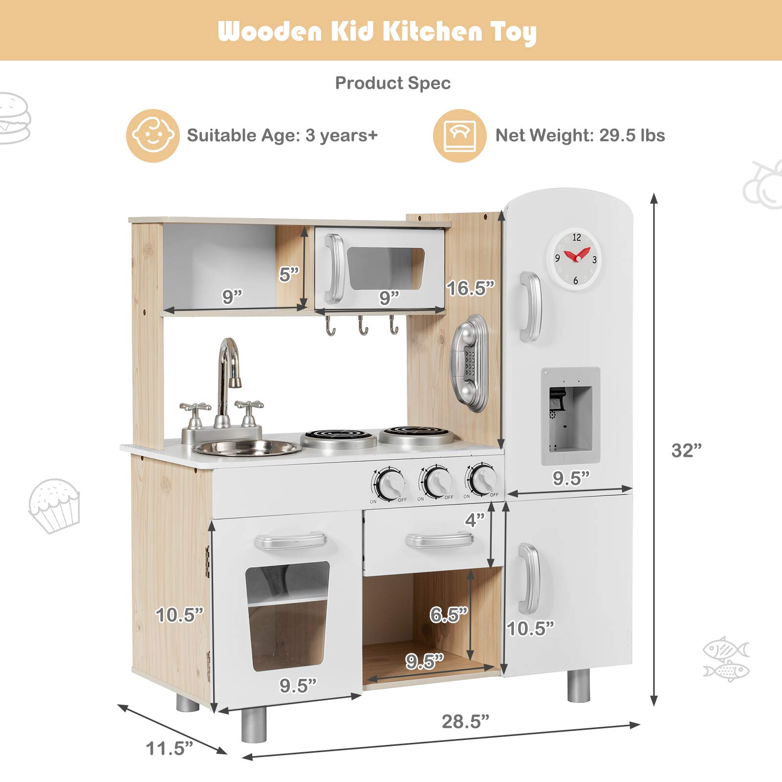 Costzon Wooden Kids Kitchen Playset with Oven, Sink, Cabinets & 20+ Pretend Cooking Accessories - Interactive Learning Toy for Toddlers Age 3+ | Perfect for Pretend Play, Role-Playing & Early Childhood Development (Natural)