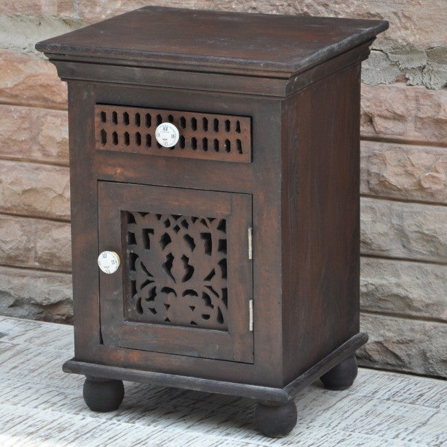 Hand Carved Solid Wood Nightstand - Rustic Brown Bedside Table with Drawer for Bedroom, Living Room & Home Decor