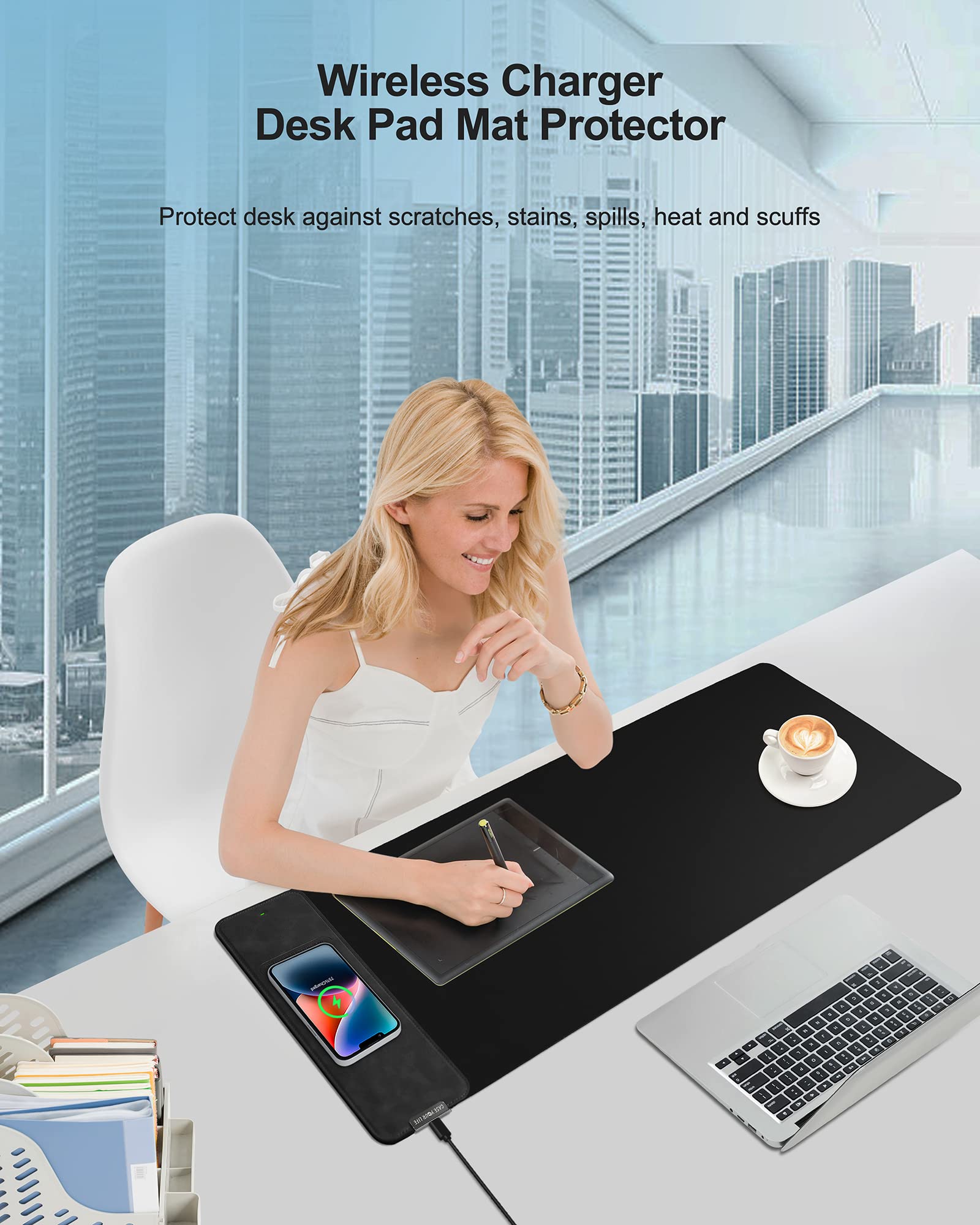 Wireless Charging Mouse Pad - Large Gaming Desk Mat with Non-Slip Base for Office & PC Gaming