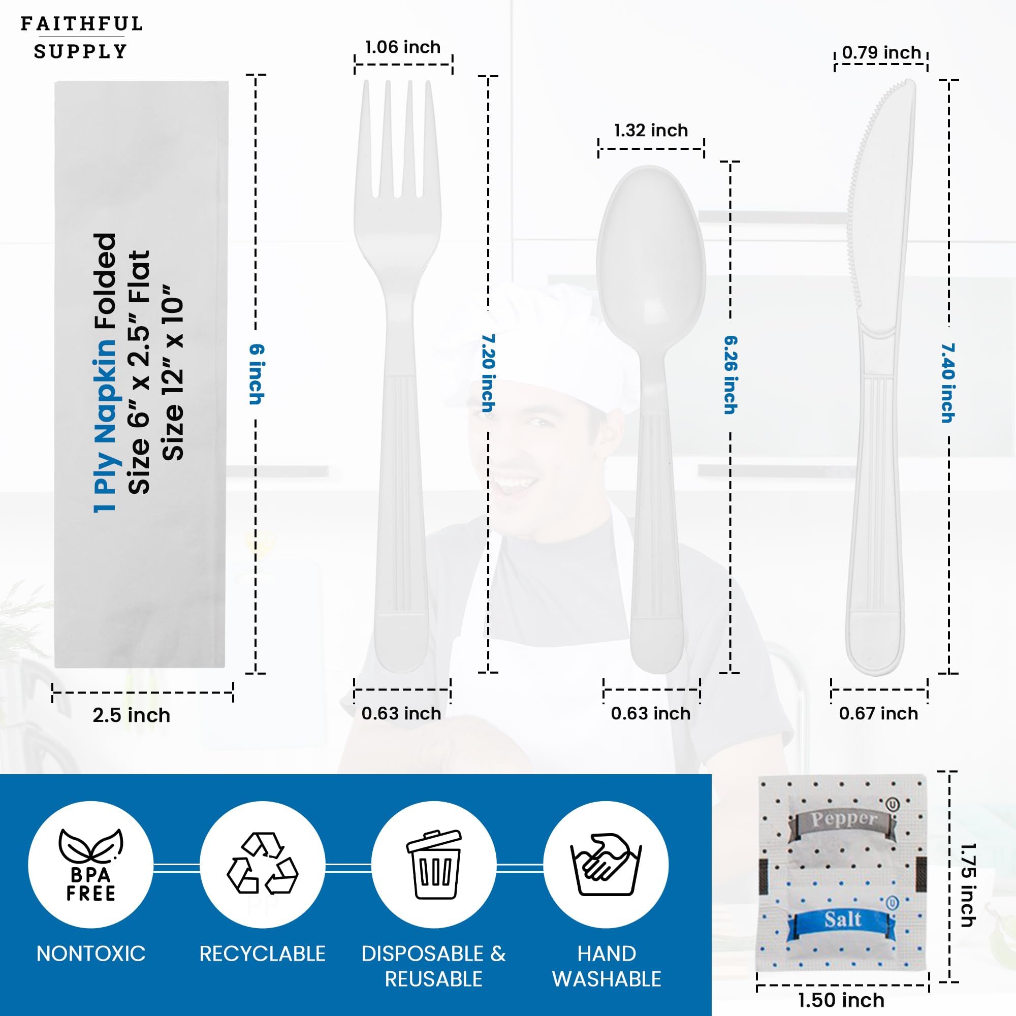 750 Count White Plastic Utensil Set - Disposable Cutlery with Napkins for Parties, Picnics & Events - Bulk Wrapped Silverware for Weddings, BBQs & Catering