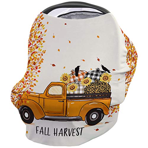 Soft Breathable Baby Car Seat Cover for Newborns - Stretchy Adjustable Nursing Cover (26x27.6 Inch) - Pumpkin Truck & Maple Leaf Sunflower Design for Girls & Boys - Perfect for Thanksgiving, Travel, Shopping & Breastfeeding