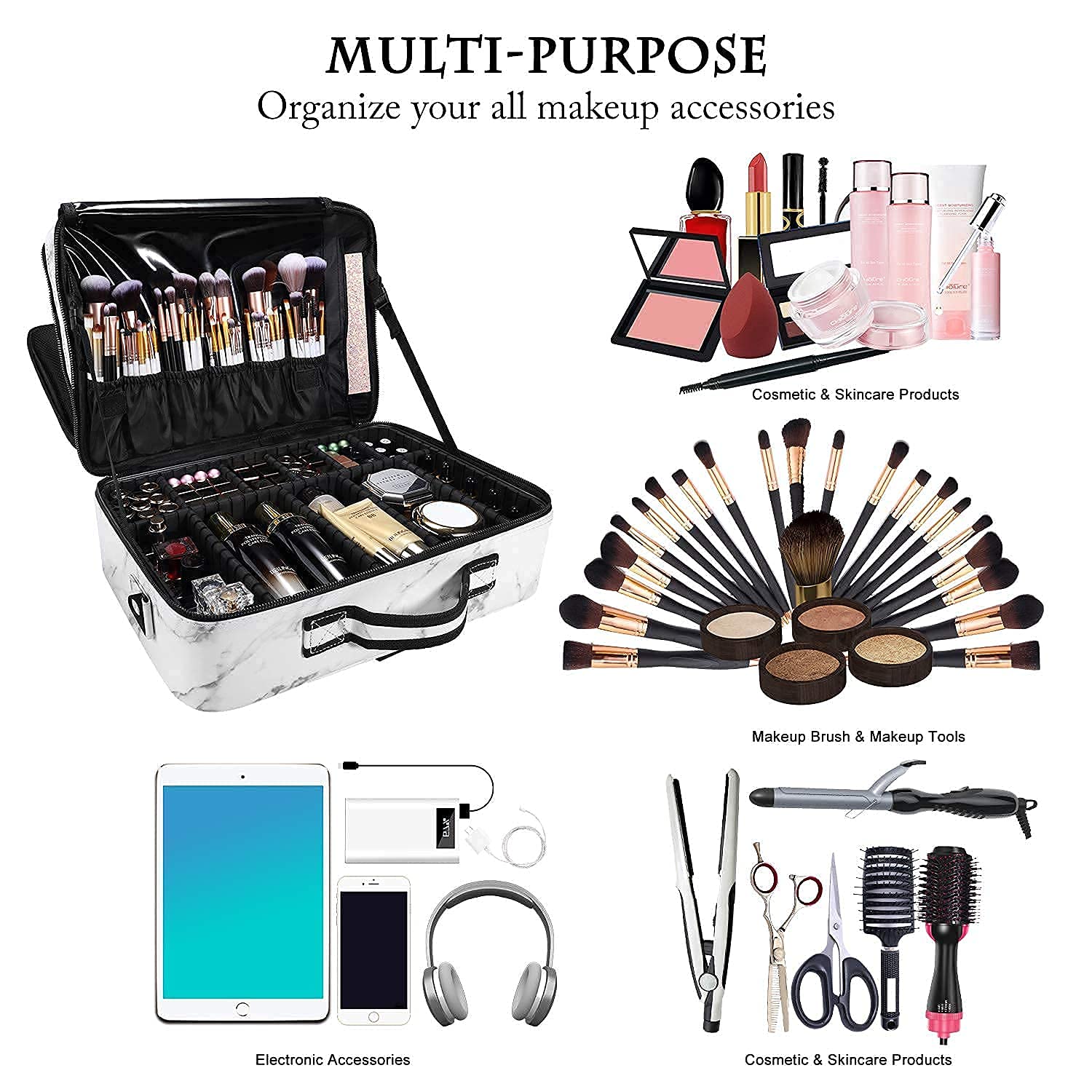 JOURMON Travel Makeup Case - Portable Cosmetic Train Case Organizer with Adjustable Dividers & Shoulder Strap for Makeup Brushes & Toiletries | Perfect for Travel, Salon Professionals & Home Storage (Marble White Black, Large)