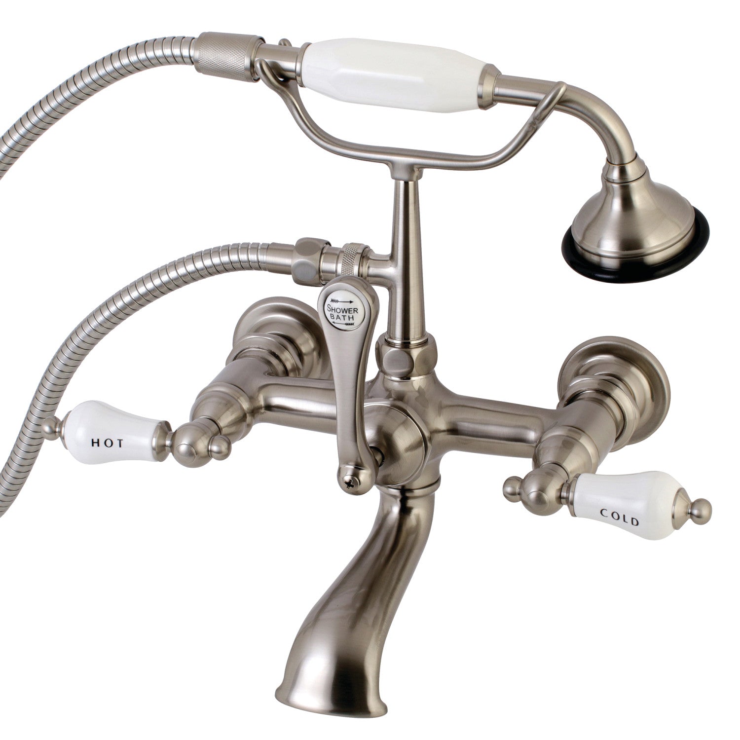 Vintage Clawfoot Tub Faucet with Hand Shower - 3 Handle 2 Hole Wall Mount Brushed Nickel Bathroom Fixture for Antique & Modern Bathrooms