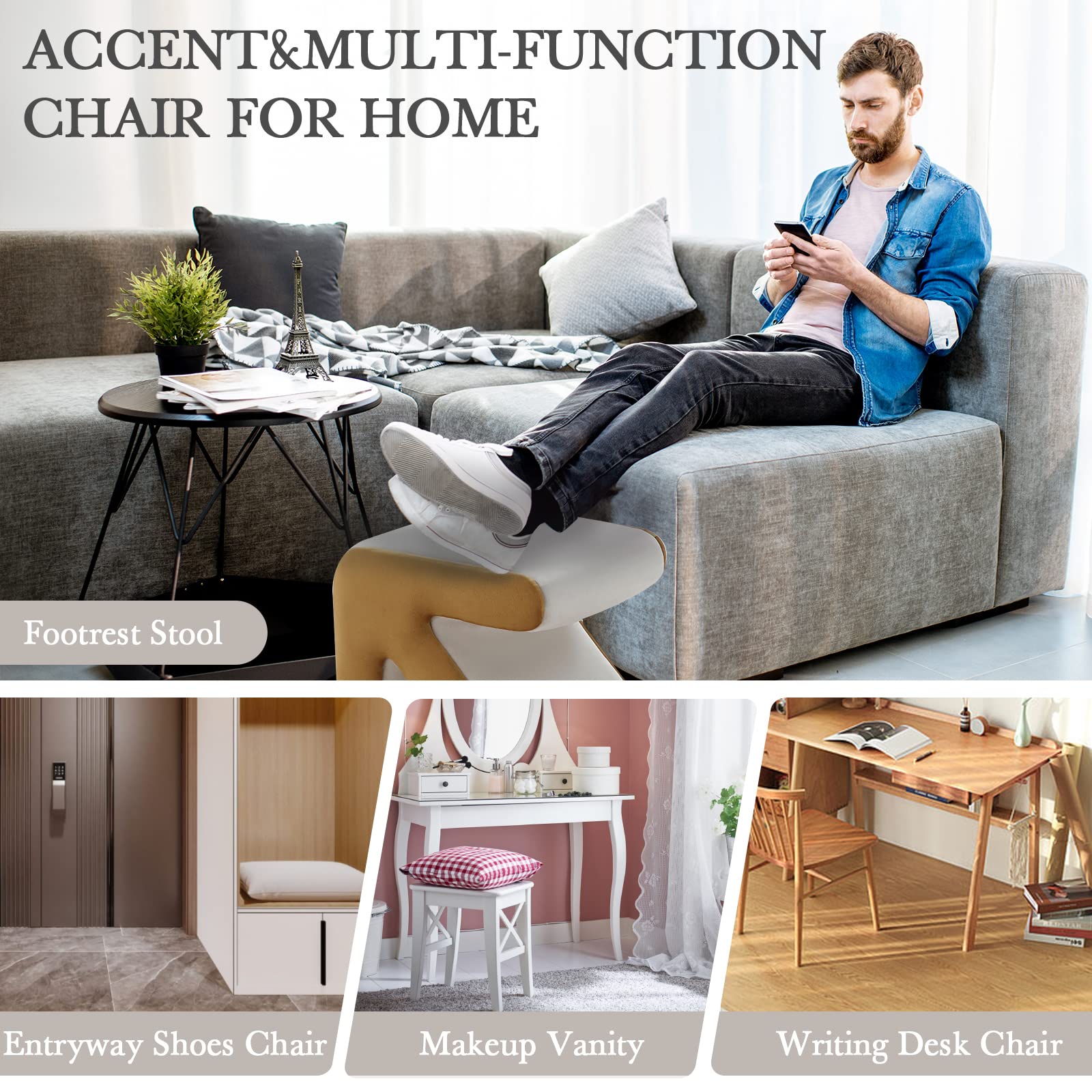 LETESA Modern Velvet Upholstered Ottoman - Small End Table & Soft Foot Stool with S-Shape Design, Dressing Makeup Chair for Living Room, Bedroom & Entryway (Beige, Arrow) | Perfect for Lounging, Footrest & Extra Seating