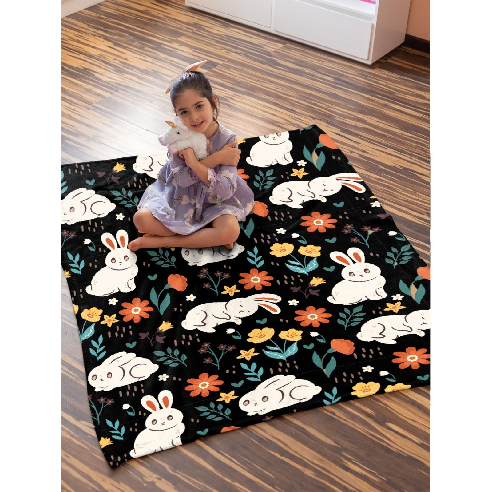Soft Cozy Fleece Bunny & Flower Throw Blanket for Women & Girls - Extra Large 120x90 Inch (Overking) All-Season Blanket for Bed, Couch, Chair - Perfect for Family Movie Nights, Nursery Decor & Gift Giving