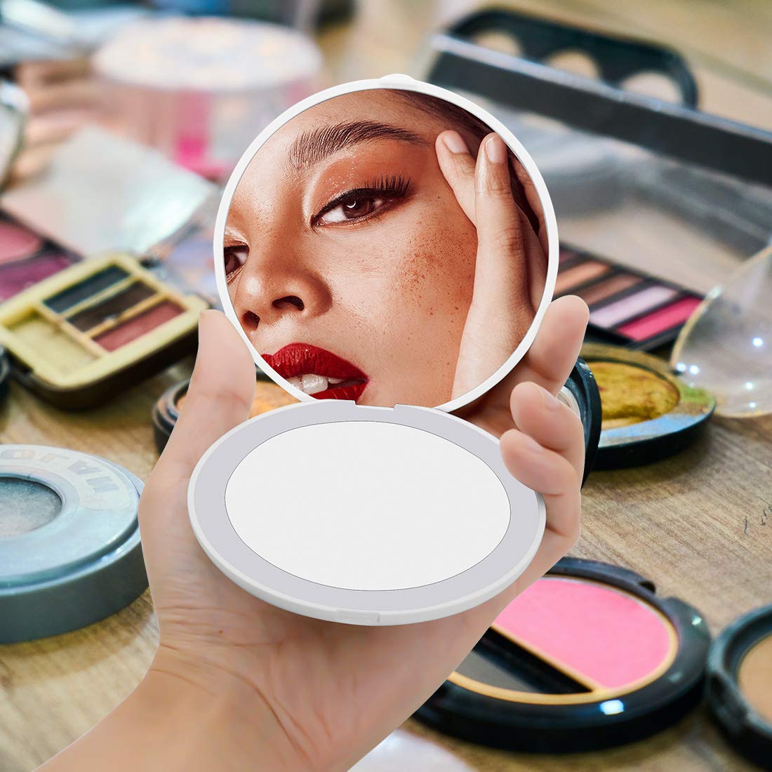 LED Travel Mirror with Light - 1x/10x Magnification, 2-Sided Illuminated Folding Round Compact Mirror for Makeup, Shaving & Travel (Portable, Handheld, White) - Perfect for Home, Office, Gym Bag & On-the-Go Touch Ups