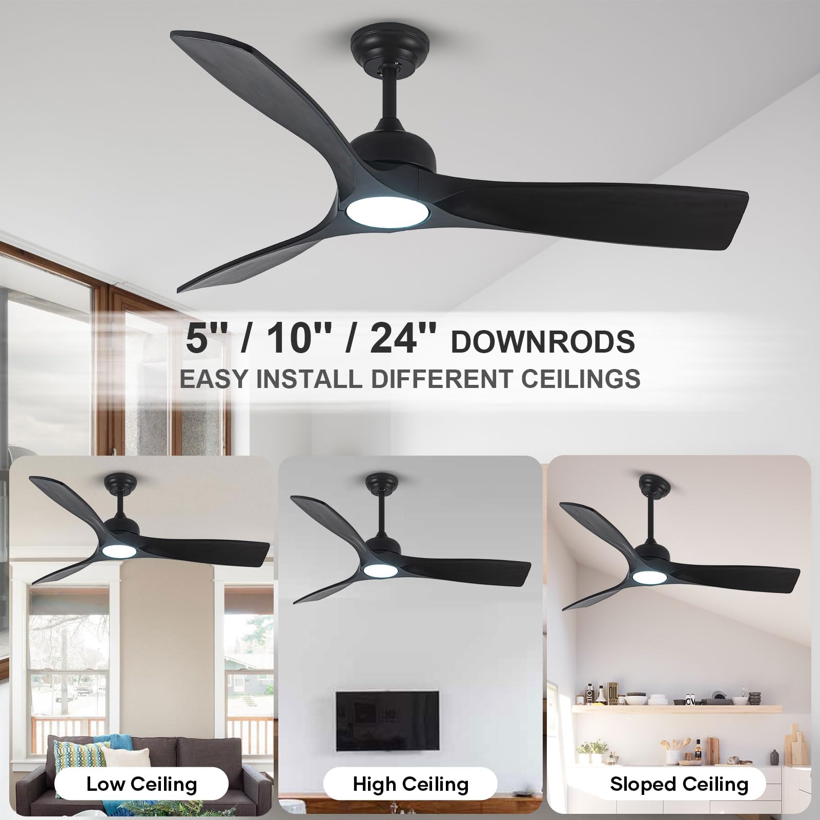 52 Inch Black Ceiling Fan with Lights & Remote - 3 Blade Solid Wood DC Motor Fan, Dimmable LED Light - Modern Indoor/Outdoor Ceiling Fan for Bedroom, Patio, Porch, Living Room & Office - Energy Efficient & Quiet Operation
