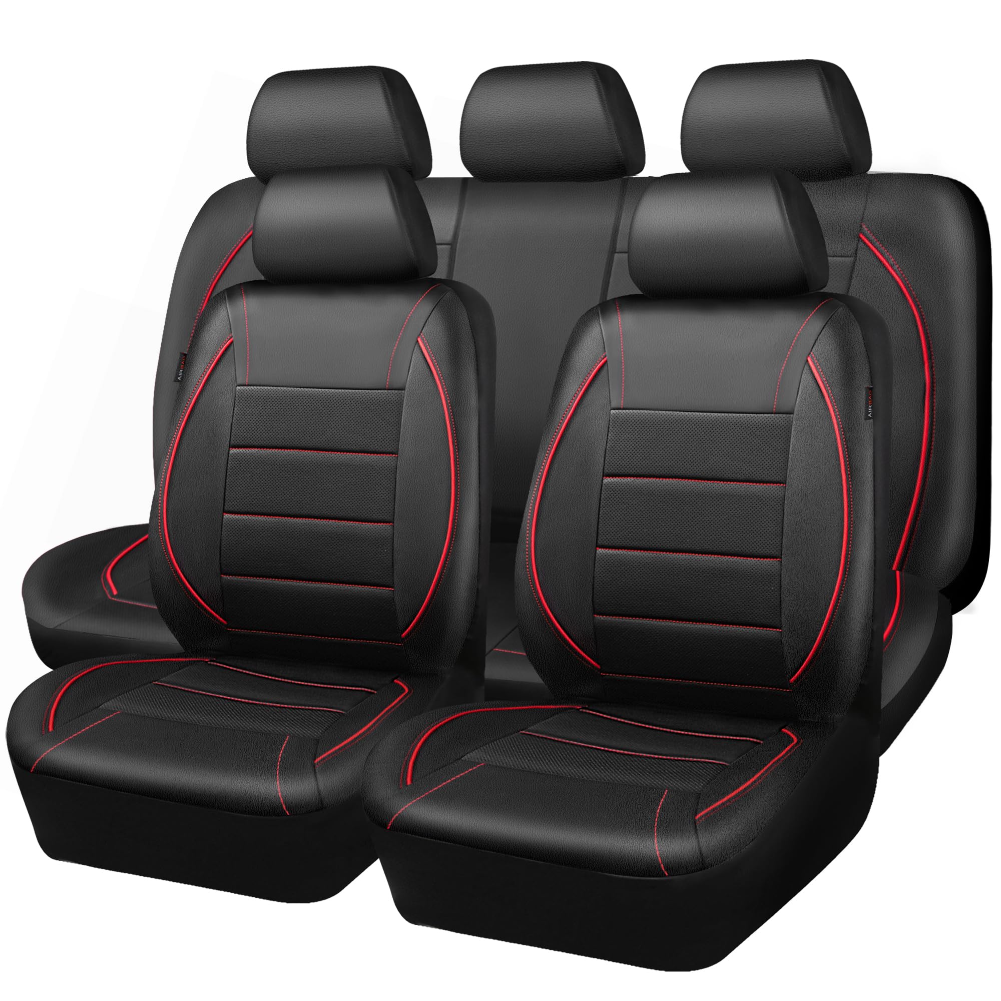 CAR PASS Universal FIT Leather Car Seat Cover - Airbag Compatible, Inside Zipper Design for SUVs, Vans & Trucks - Black and Red Full Set for Road Trips & Family Travel