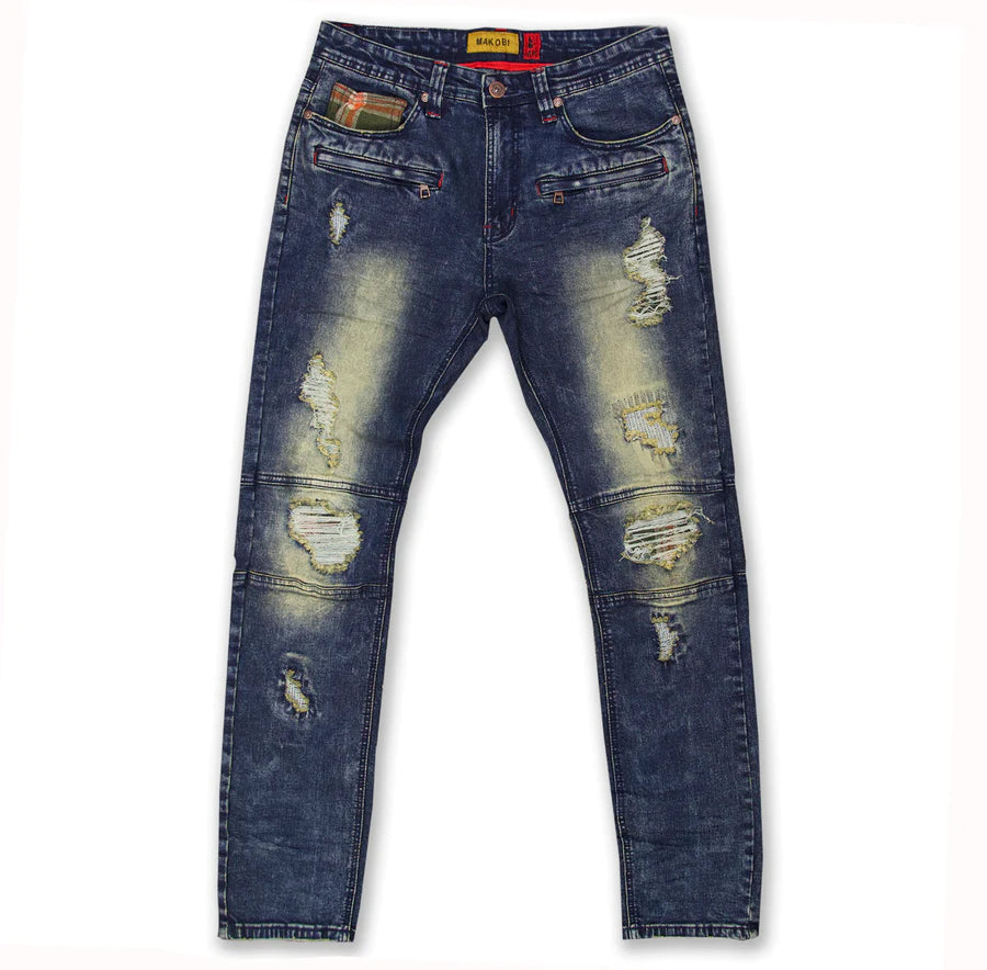 Makobi M1768 MAKOBI MALACHY Jeans for Men - Distressed Olive Green Denim Pants with Contrast Underlay | Casual Streetwear & Everyday Wear