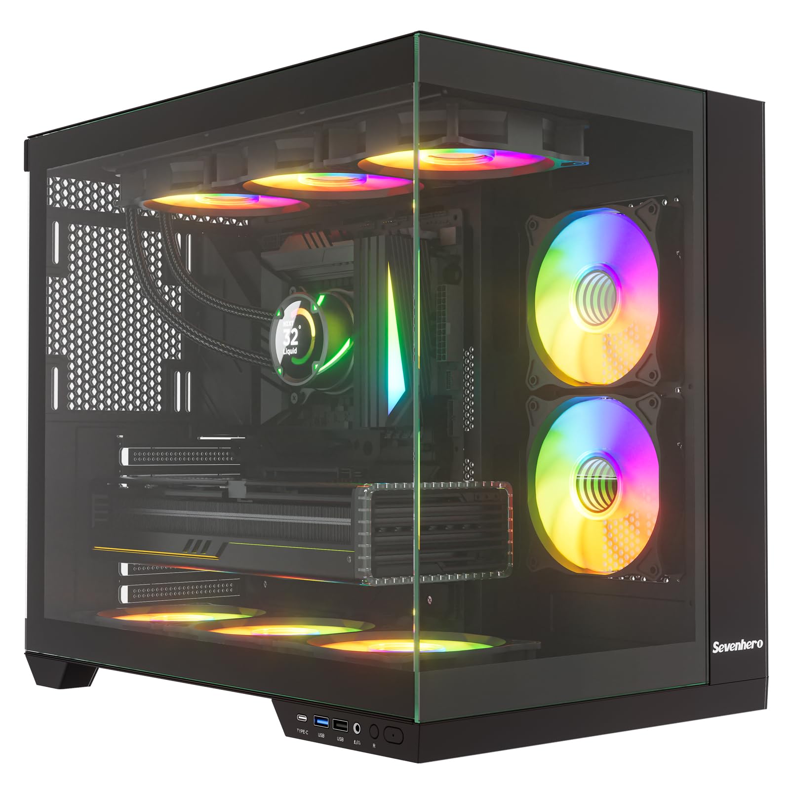 Sevenhero H602 ATV Mid-Tower Gaming PC Case - 5X 120mm ARGB PWM Fans, Dual Chamber Design, Tempered Glass Panel (Black) - Perfect for High-Performance Gaming Rigs & Custom PC Builds