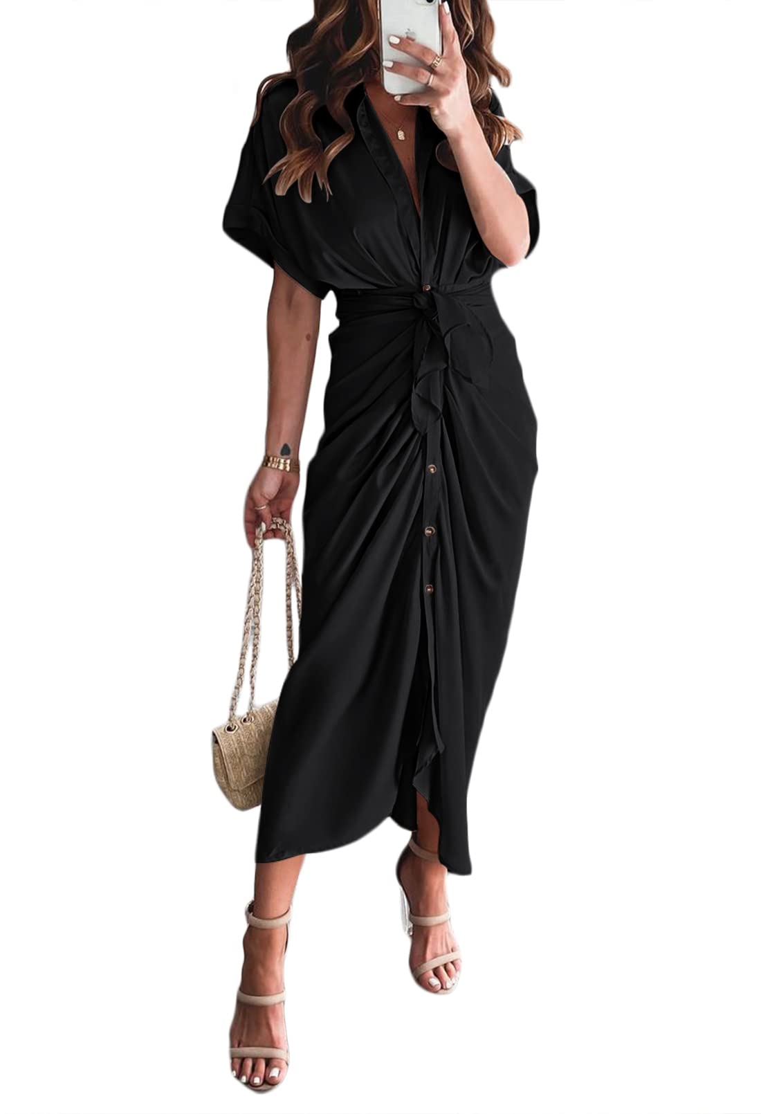Elegant Women's Satin Button Down Short Sleeve Maxi Shirt Dress with Belt - Perfect for Summer Outings, Beach Vacations & Casual Office Wear