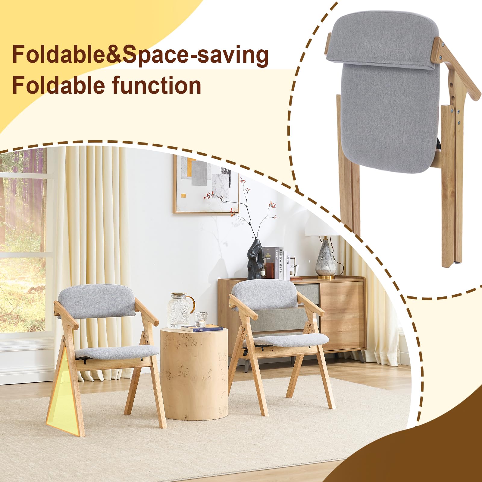 2 Pack Solid Wood Folding Dining Chairs with Linen Padded Seat - Space Saving Foldable Kitchen Chairs for Small Spaces, Dining Room, Living Room, Wedding & Outdoor Picnic (Light Grey) - Perfect for Home, Restaurant and Event Use