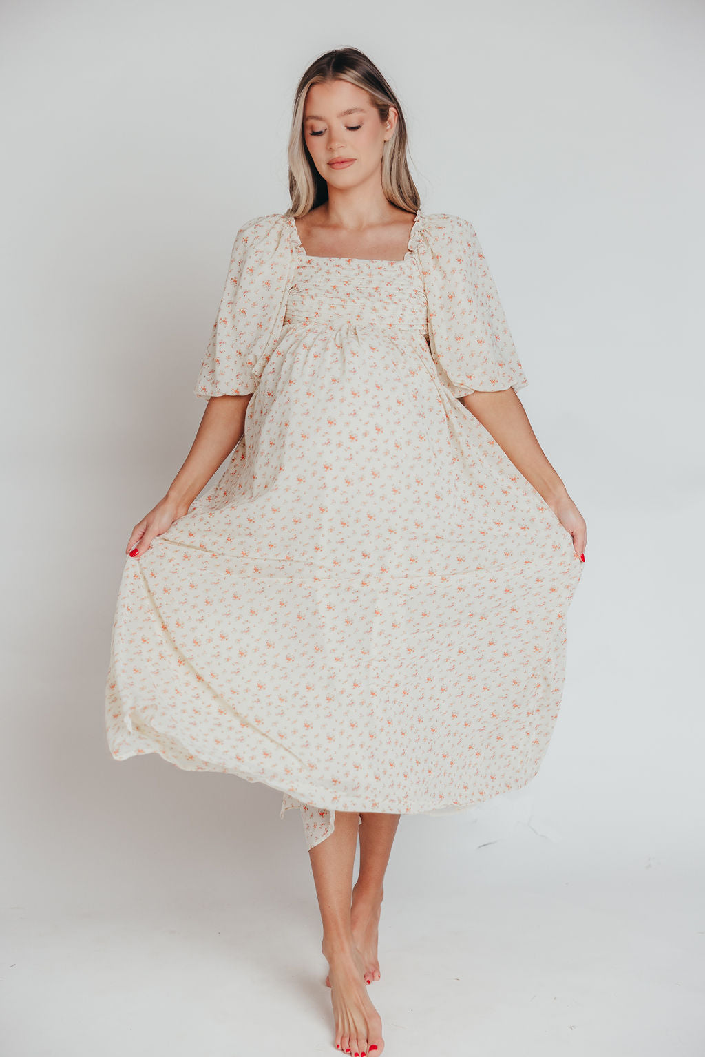 Melody Maxi Dress with Pleats & Bow Detail - Ivory Floral Print Maternity Dress | Bump Friendly & Inclusive Sizing (S-3XL) | Perfect for Weddings, Baby Showers & Summer Events