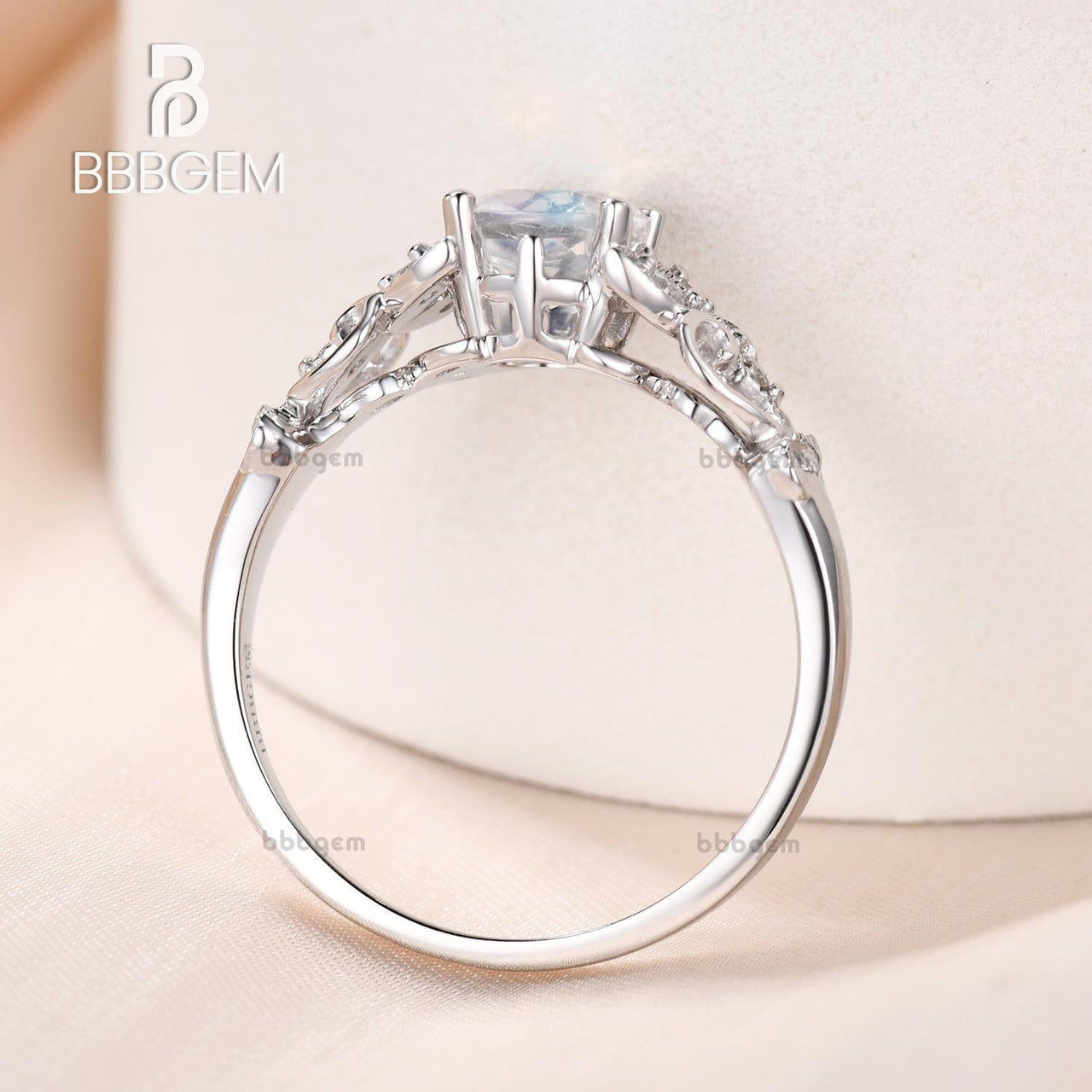 Moonstone Engagement Ring for Women - 14K White Gold Floral Eternity Band with Diamonds | Wedding, Anniversary, Promise Ring Gift Idea | Perfect for Proposals, Bridal Jewelry & Special Occasions