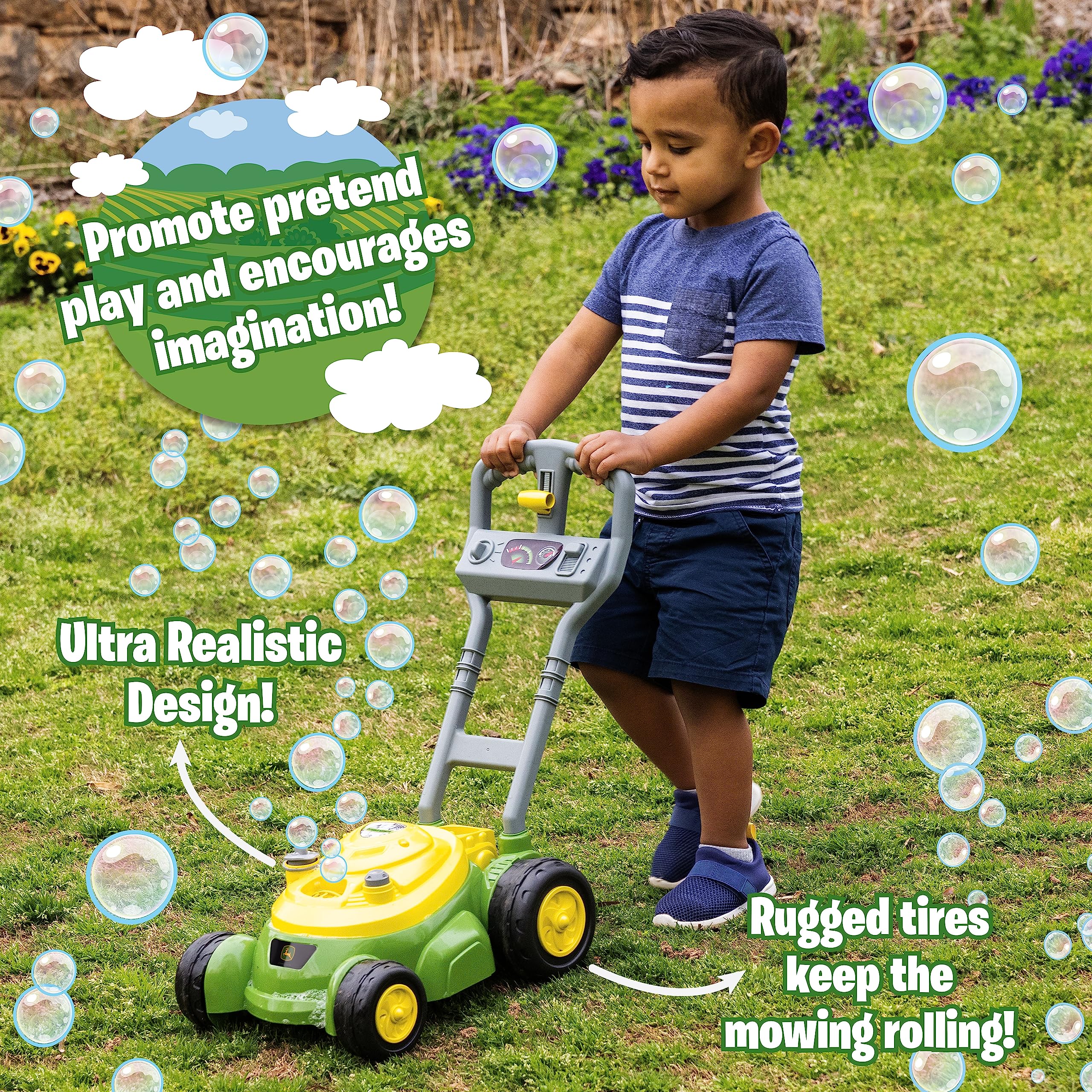 John Deere Bubble Lawn Mower Toy for Toddlers - Fun Bubble Blowing Machine for Kids Ages 2+ | No Batteries Needed | Perfect Outdoor & Indoor Play Toy for Boys & Girls | Great Birthday Gift & Party Favor for Preschoolers | Gardening Pretend Play for Backyard, Park & Playdates