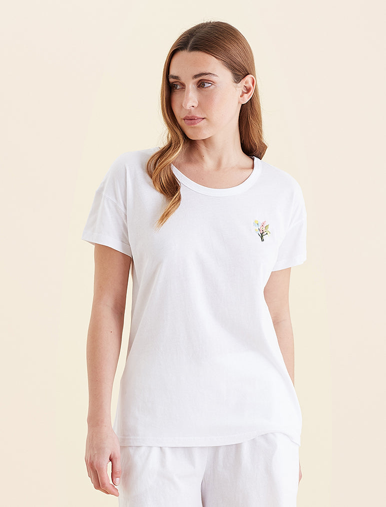 Delphine Embroidered T-Shirt for Women - Floral Design Cotton Top - Casual & Boho Style Tee for Summer Outfits, Beach Wear, and Everyday Fashion