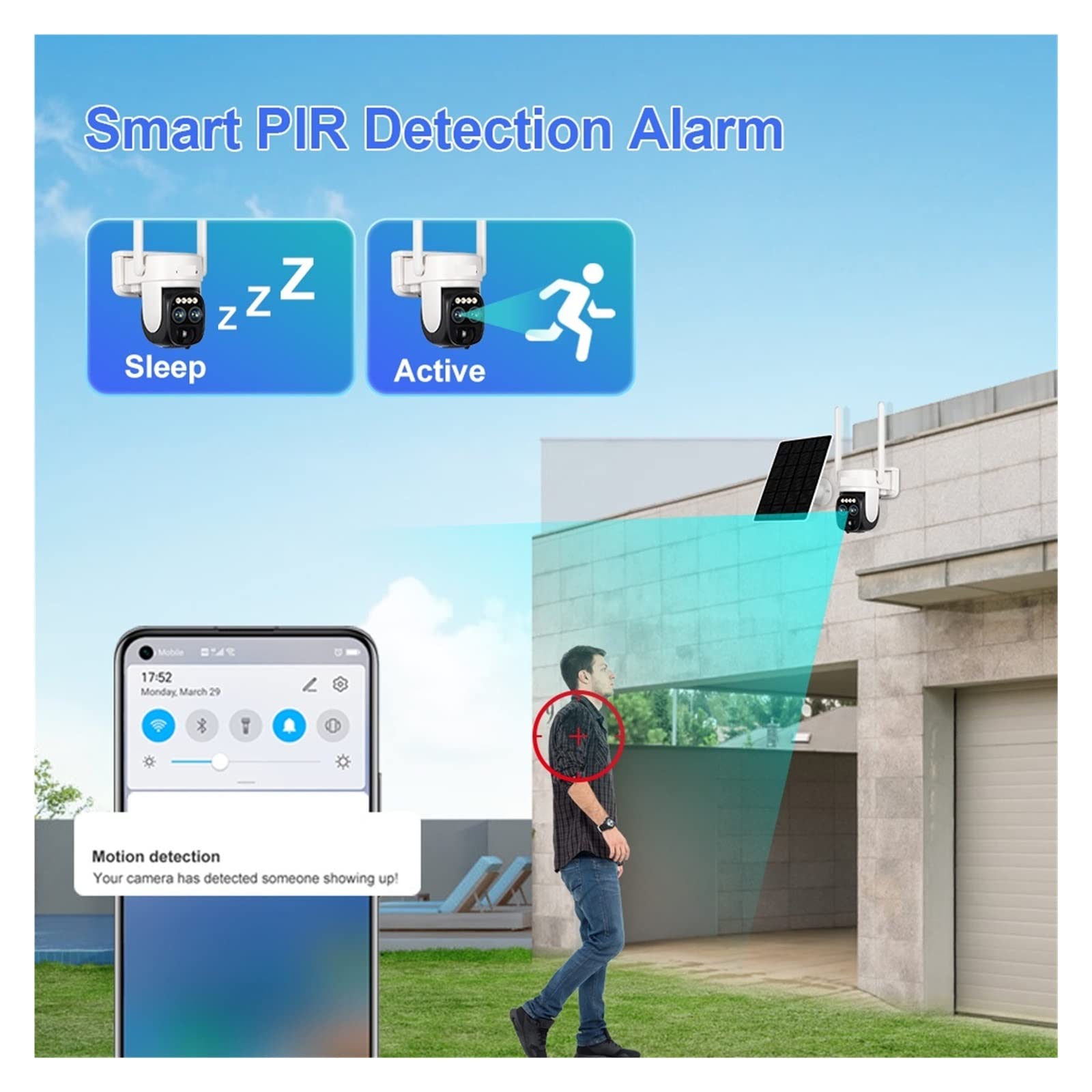 SilteD 2K Dual Lens Solar Security Camera Outdoor - 10X Optical Zoom, Two-Way Audio, Color Night Vision, Built-in Battery, 4MP WiFi (64GB Included) - Ideal for Home, Garage, Yard & Business Surveillance
