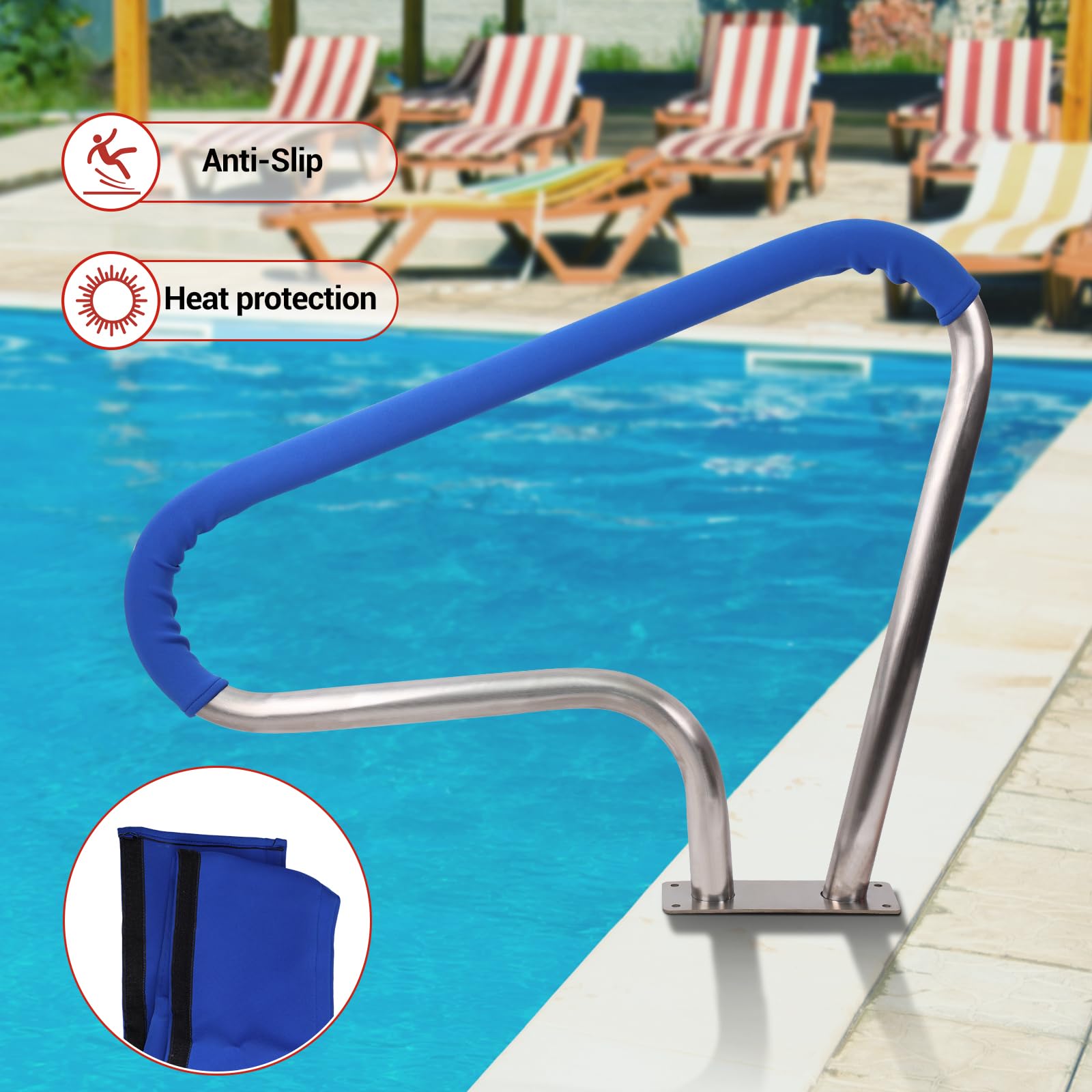 39 x 32 Inch 304 Stainless Steel Swimming Pool Handrail - Rustproof Inground Pool Stair Rail with Non-Slip Blue Grip Cover - Perfect for Pool Safety, Elderly Assistance & Easy Pool Entry/Exit