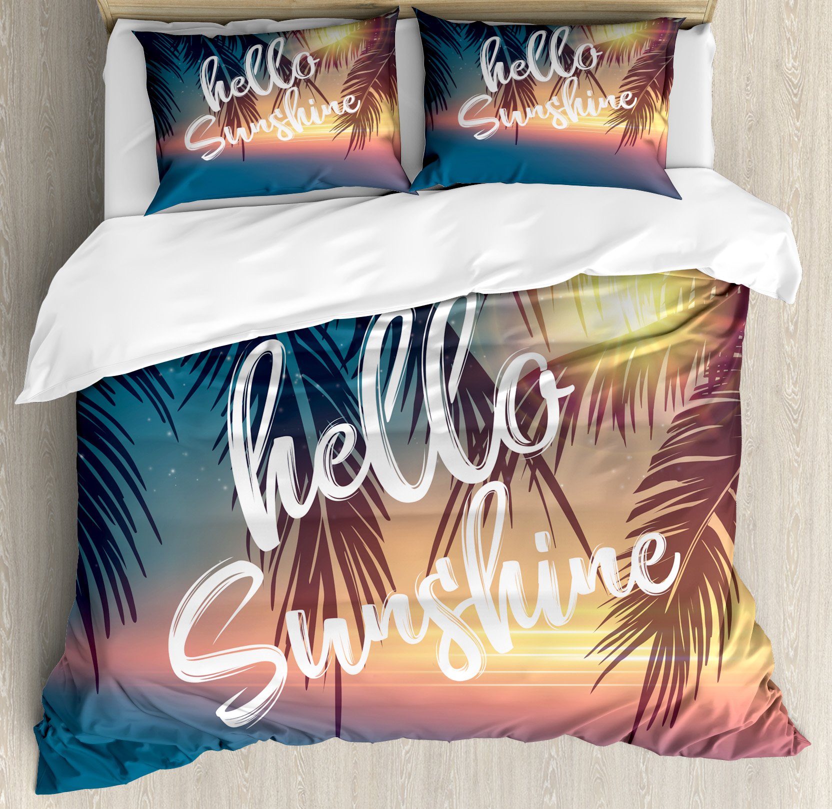 Ambesonne Hello Sunshine Duvet Cover Set - Tropical Beach Sunset with Palm Trees Design, 3-Piece Queen Size Bedding Set with 2 Pillow Shams in Tan & Blue | Perfect for Summer Bedroom Decor, Coastal Theme Rooms & Vacation Home Styling