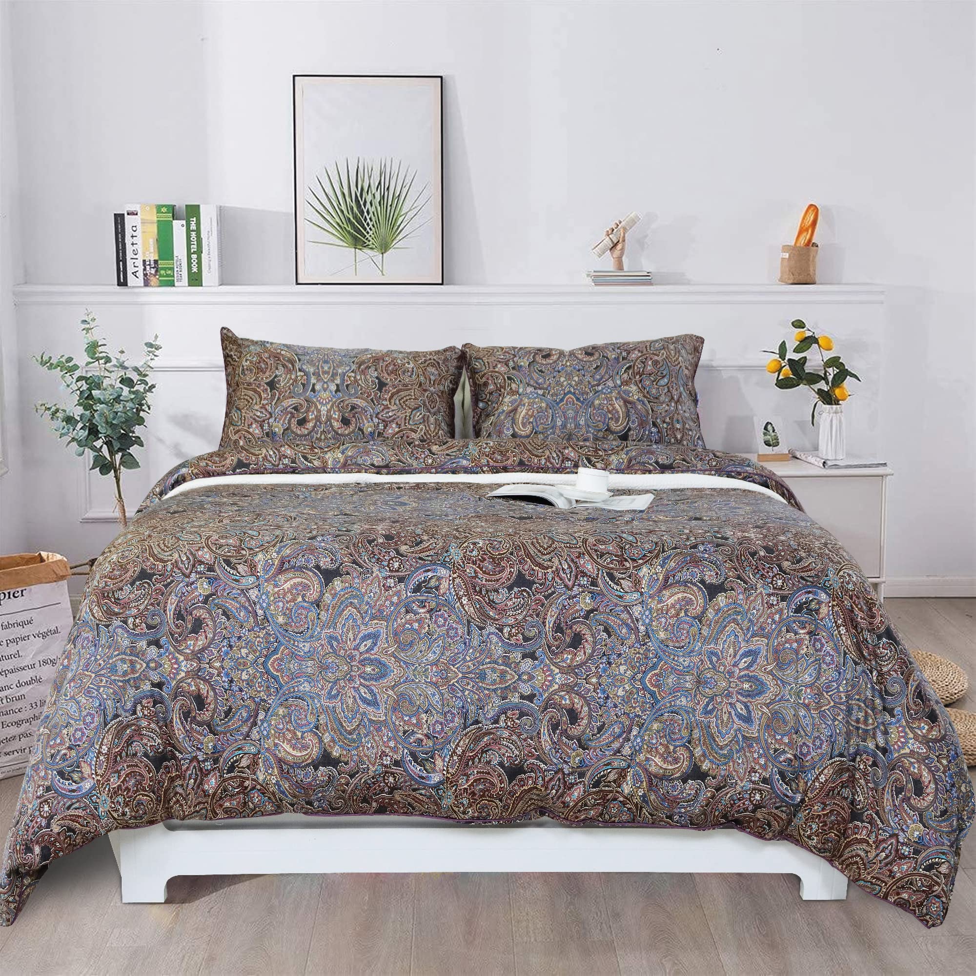 Softta Vintage Paisley 3-Piece Cal King Duvet Cover Set - 100% Egyptian Cotton Boho Bedding with Shabby Chic Floral Pattern in Brown & Purple | Perfect for Bohemian Bedrooms, Guest Rooms & Cozy Farmhouse Decor