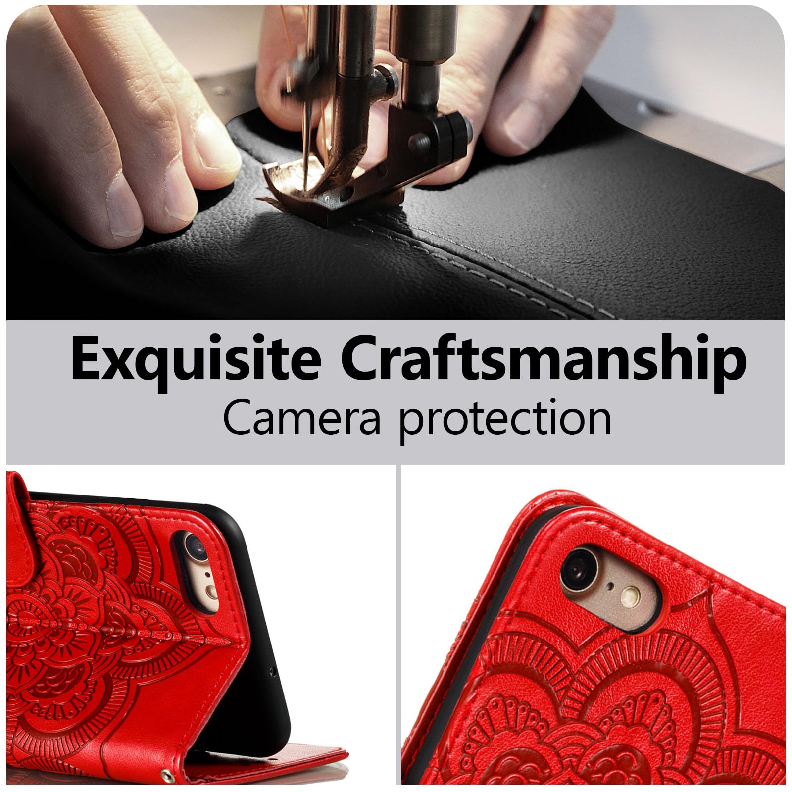 Premium Leather Mandala Flip Wallet Case for iPhone SE/7/8 (5G Compatible) - Magnetic Stand with Card Slots & Lanyard, Ultra Slim Embossed Cover (Red) - Perfect for Daily Commute, Travel & Hands-Free Viewing
