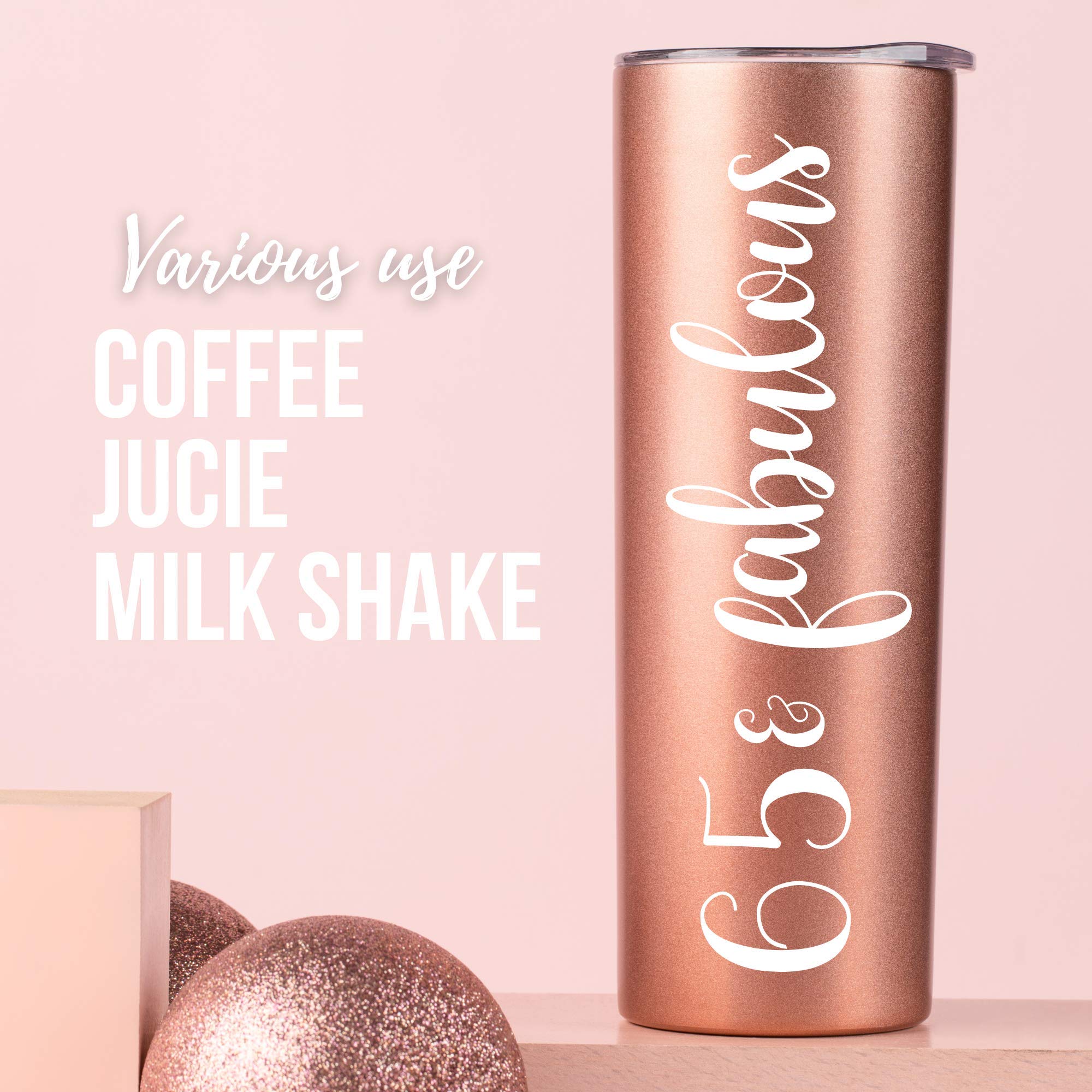 65th Birthday Gifts for Women - 20oz Insulated Stainless Steel Skinny Wine Tumbler | Rose Gold | Perfect for Mom, Best Friend, Sister, Aunt, Wife & Coworkers | Great for Wine, Cocktails & Outdoor Parties