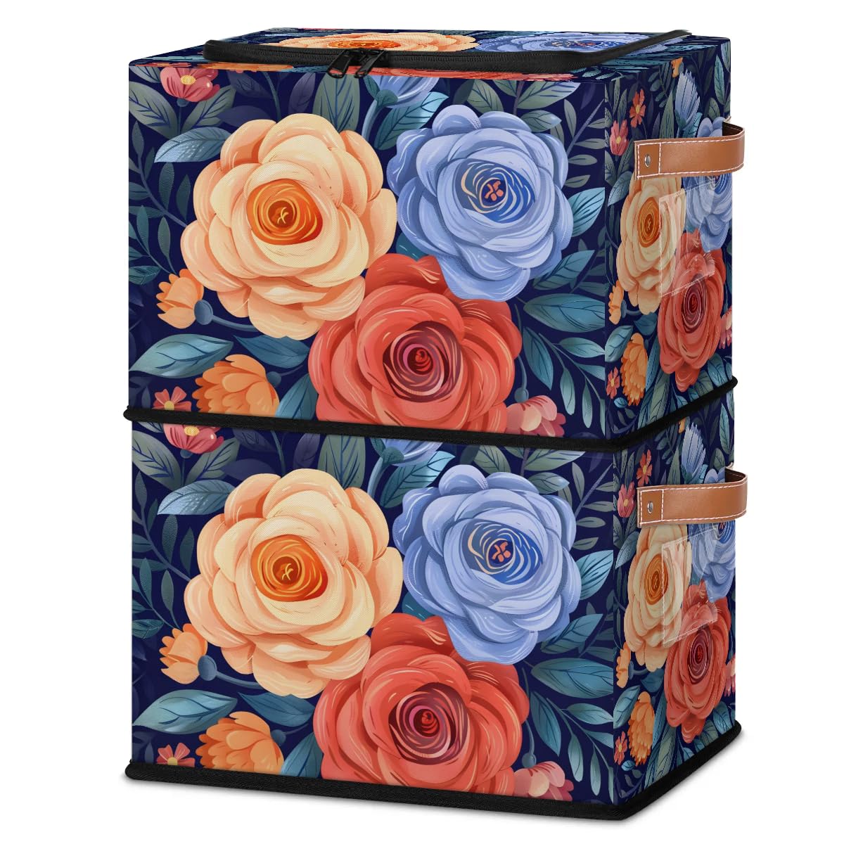 Waterproof Stackable Storage Bins with Zipper Lid - 2 Pack Closet Organizer Baskets with Metal Frame & PU Handles for Clothes, Toys, or Home Organization | Perfect for Bedroom, Nursery, or Office Storage