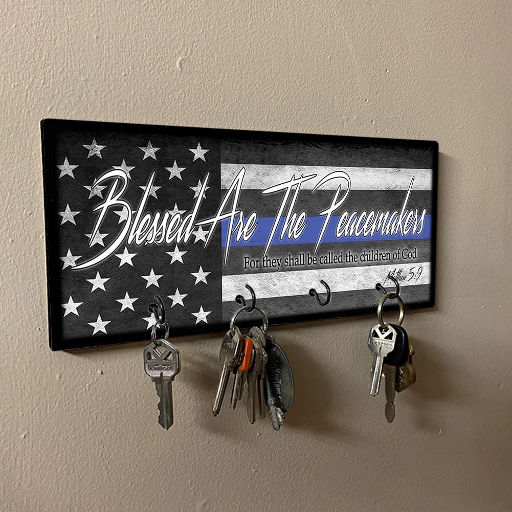 Brotherhood Thin Blue Line American Flag Key Holder Organizer - Wall Mount Rack for Home Keys, Rings & Decor | 'Blessed Are The Peacemakers' Design | Perfect for Entryway, Mudroom & Police Officer Appreciation Gifts