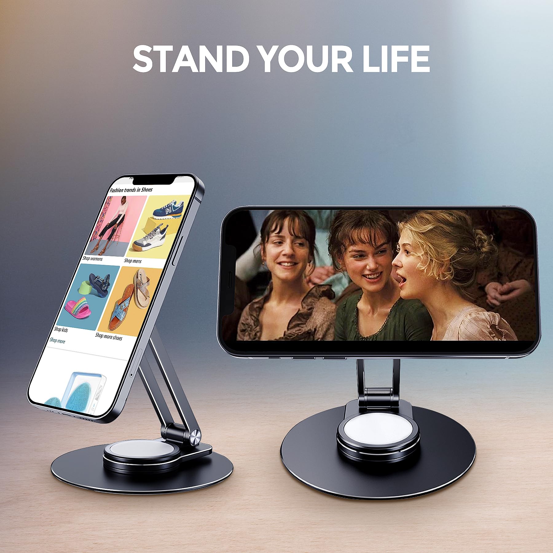 Lucrave Aluminum Magnetic Phone Stand for Desk - 360° Rotatable Adjustable Holder Compatible with iPhone 16/15/14/13 Pro Max/Plus, Galaxy S24 Ultra/S23 & Pixel 8 - Portable Travel Phone Stand (Black) | Perfect for Office, Home, Car & Travel Use