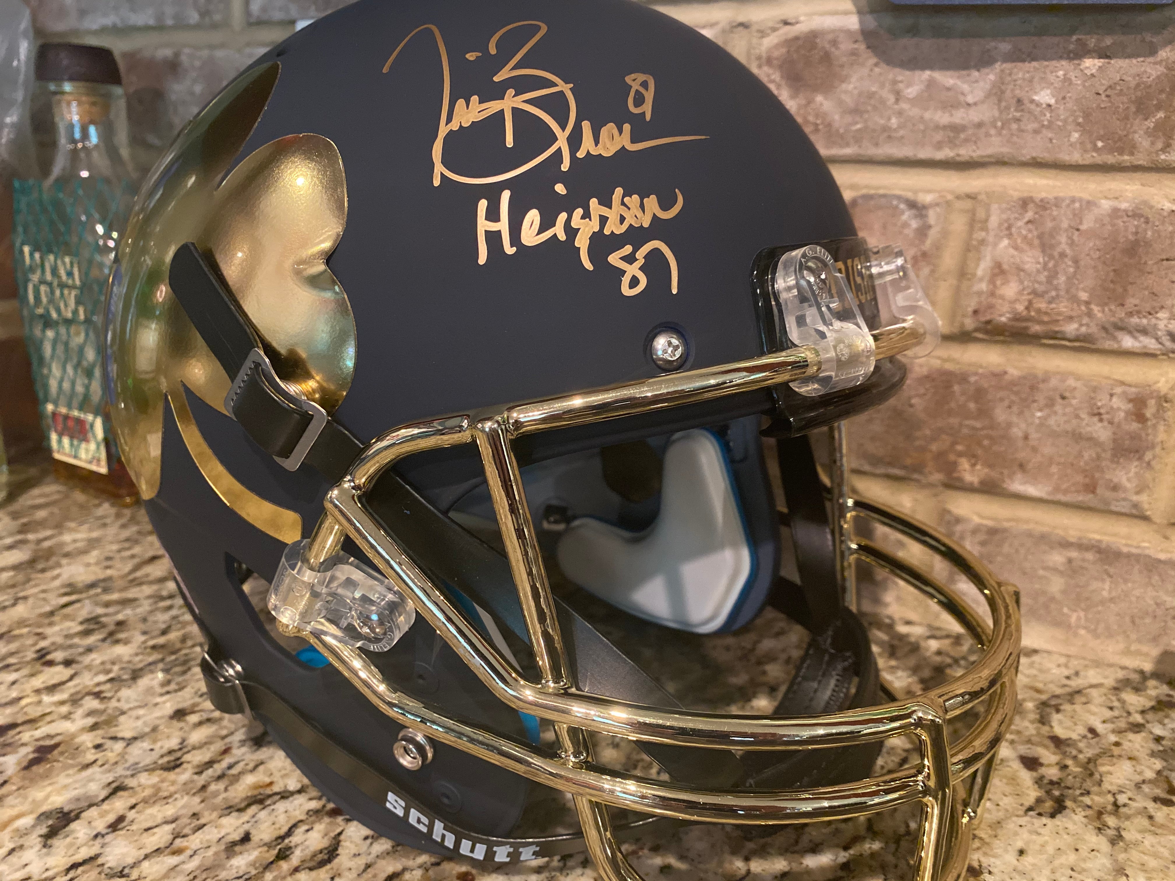 Tim Brown Autographed Notre Dame Fighting Irish Matte Blue Schutt Tradition Full Size Replica Football Helmet with 1987 Heisman Trophy Inscription - Perfect for Sports Memorabilia Collectors and Notre Dame Fans Display