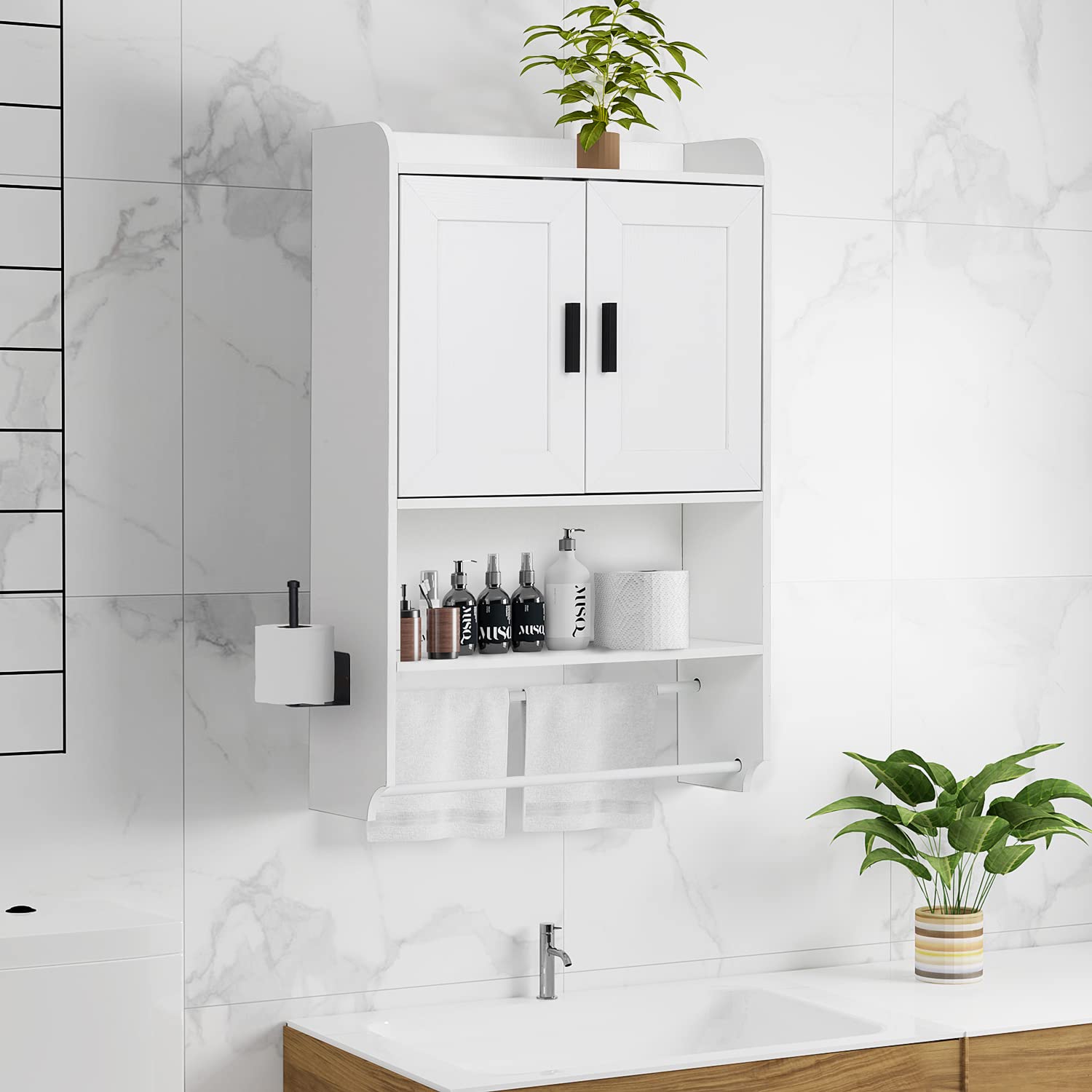 Wooden Over The Toilet Bathroom Wall Cabinet with Adjustable Shelves & Towel Bar - Wall Mounted Medicine Storage Cabinet for Bathroom Organization - Perfect for Small Bathrooms, Apartments & Powder Rooms