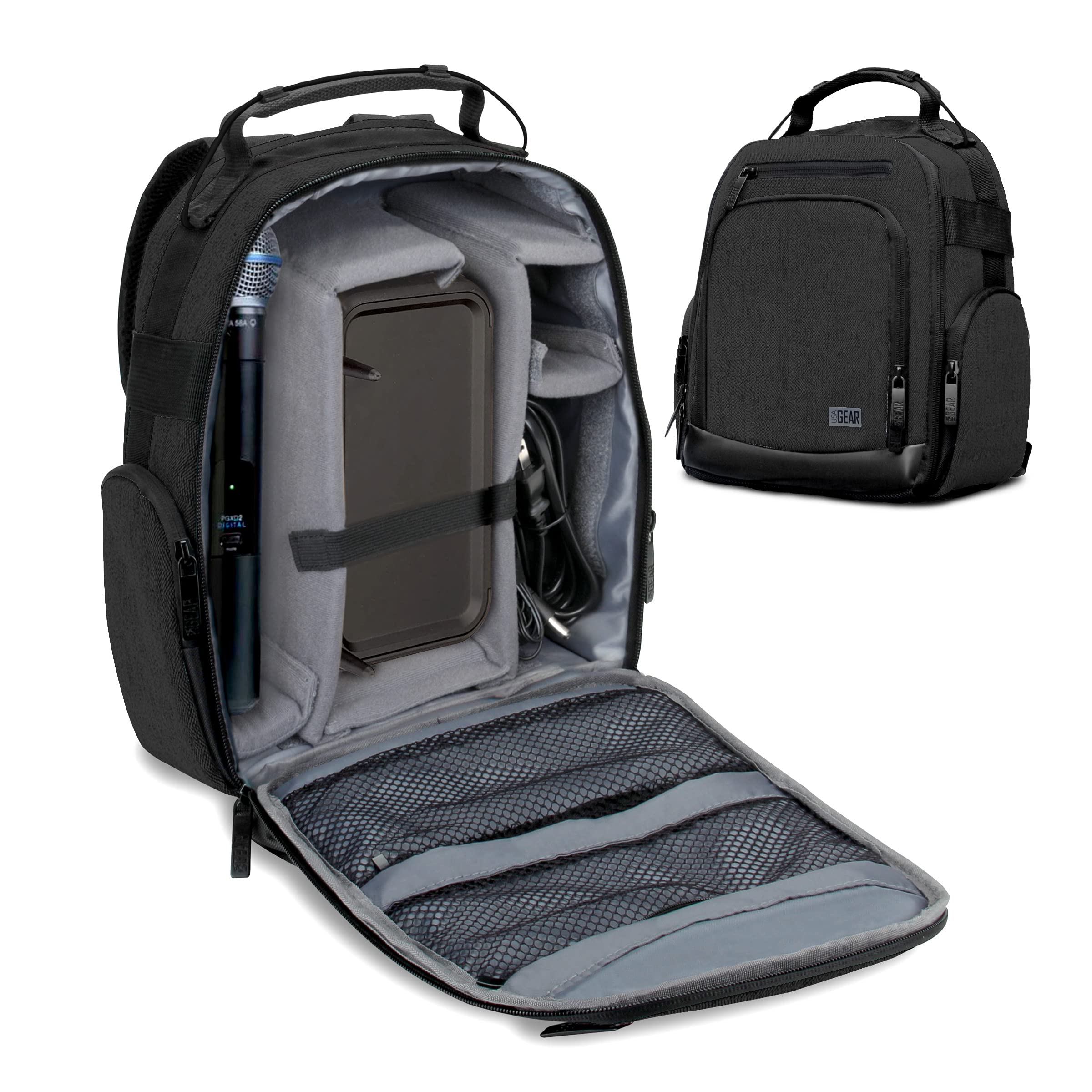 USA GEAR Professional Audio Equipment Backpack - Durable Microphone Case for Wireless Mics, Recording Gear & Accessories - Compatible with Shure, Sennheiser, Audio-Technica, Rode VideoMic (Black) - Perfect for Live Performances, Studio Recording & Field Productions