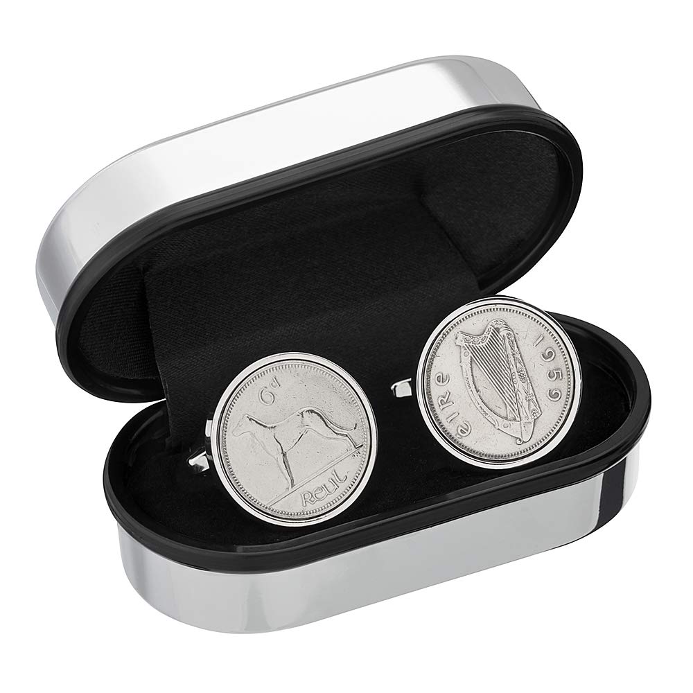 Vintage 1959 Irish Sixpence Rhodium Plated Cufflinks - Classic Retro Birthday Gift for Men, Father's Day, Wedding & Formal Occasions