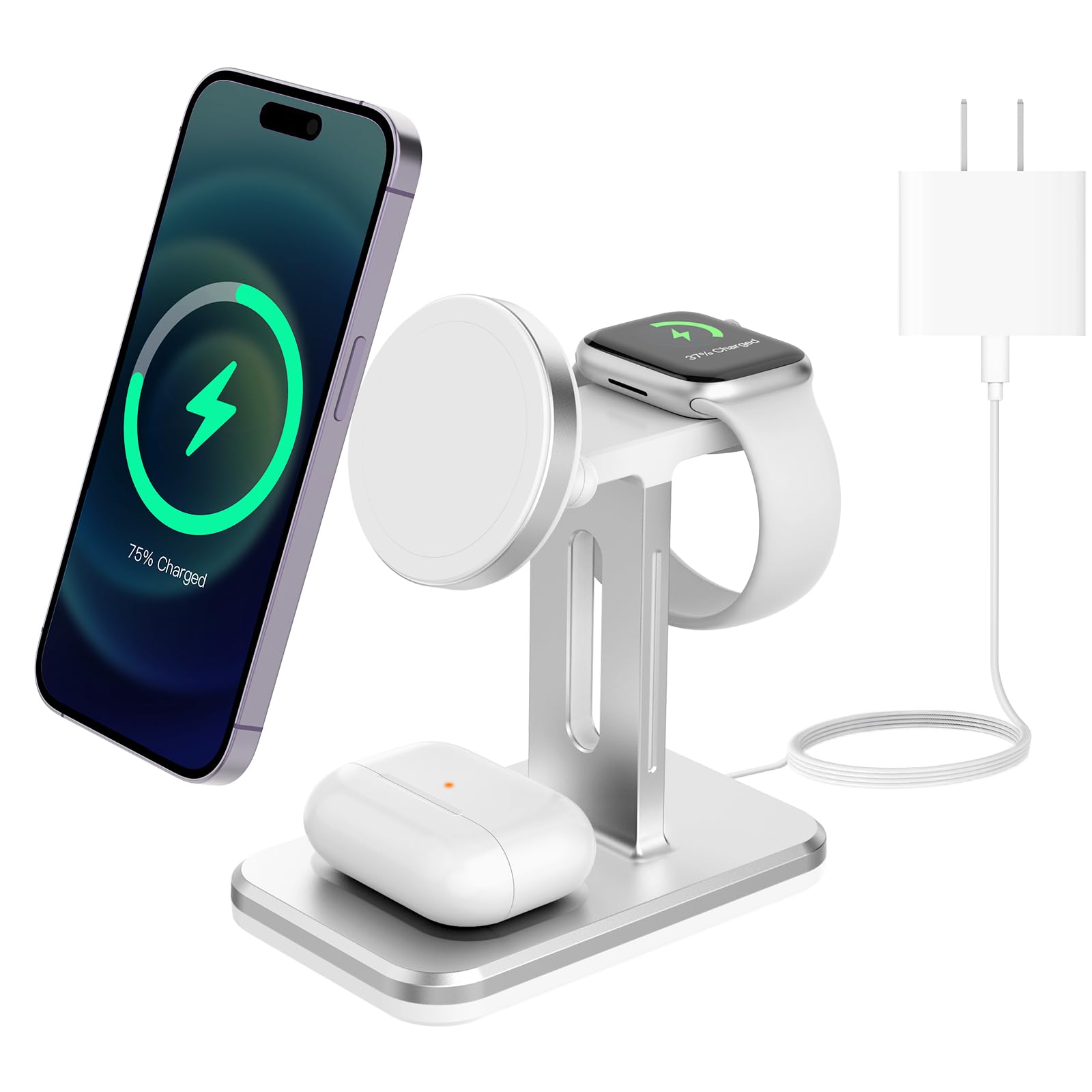 3-in-1 Fast Wireless Charging Station for iPhone 15/14/13/12 Pro/Max/Mini/Plus, Apple Watch Series 8/7/6/SE/5/4/3/2 & AirPods 3/2/Pro - Includes Power Adapter (White) | Perfect for Bedside, Office & Travel Charging
