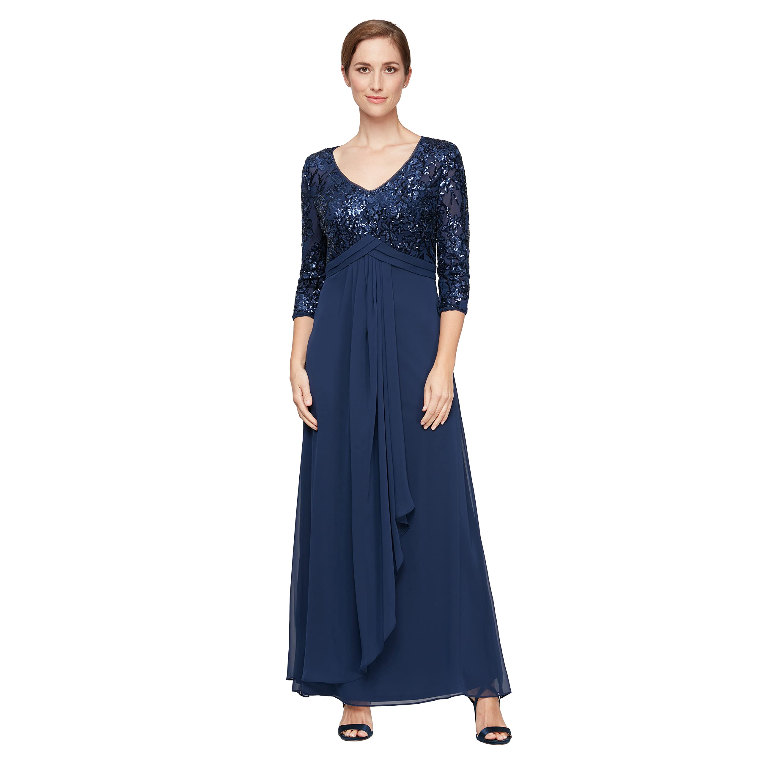 Alex Evenings Women's Long Lace Top Empire Waist Dress - Navy Sequin Evening Gown for Prom, Wedding & Formal Events - Size 4