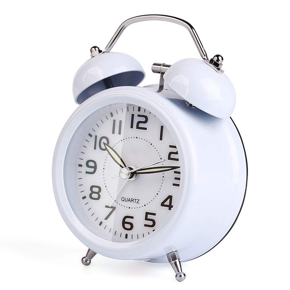 Vintage Twin Bell Alarm Clock with Night Light - 3 Inch Silent Bedside Desk Clock for Students & Adults - Loud Alarm, Simple Design (White) - Perfect for Bedroom, Office, Dorm & Travel