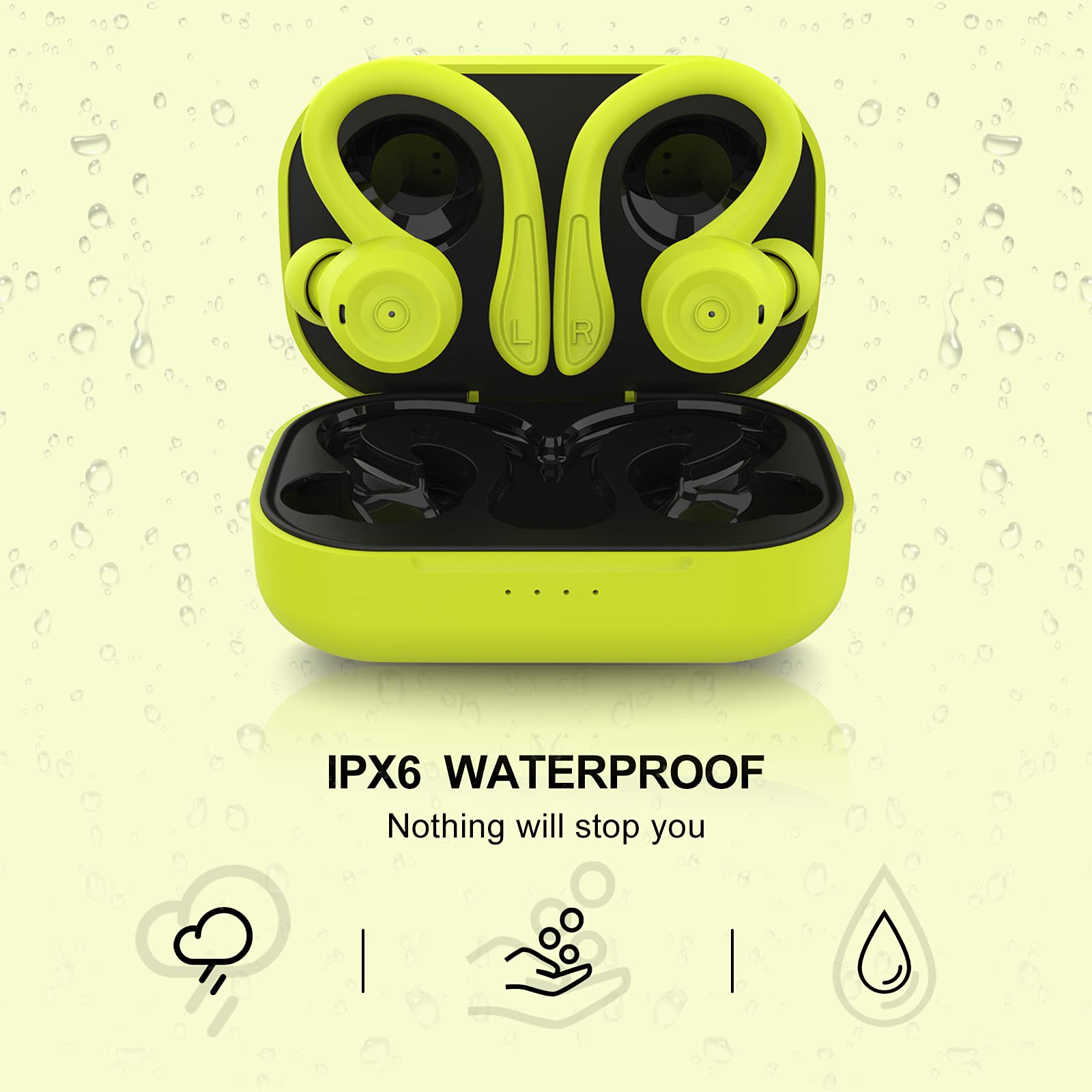 Wireless Bluetooth Earbuds with Ear Hooks - Green Over-Ear Headphones, Waterproof Sport Earphones with Noise Cancellation for Running, Gym, Workout - Perfect for Android Users & Active Lifestyles